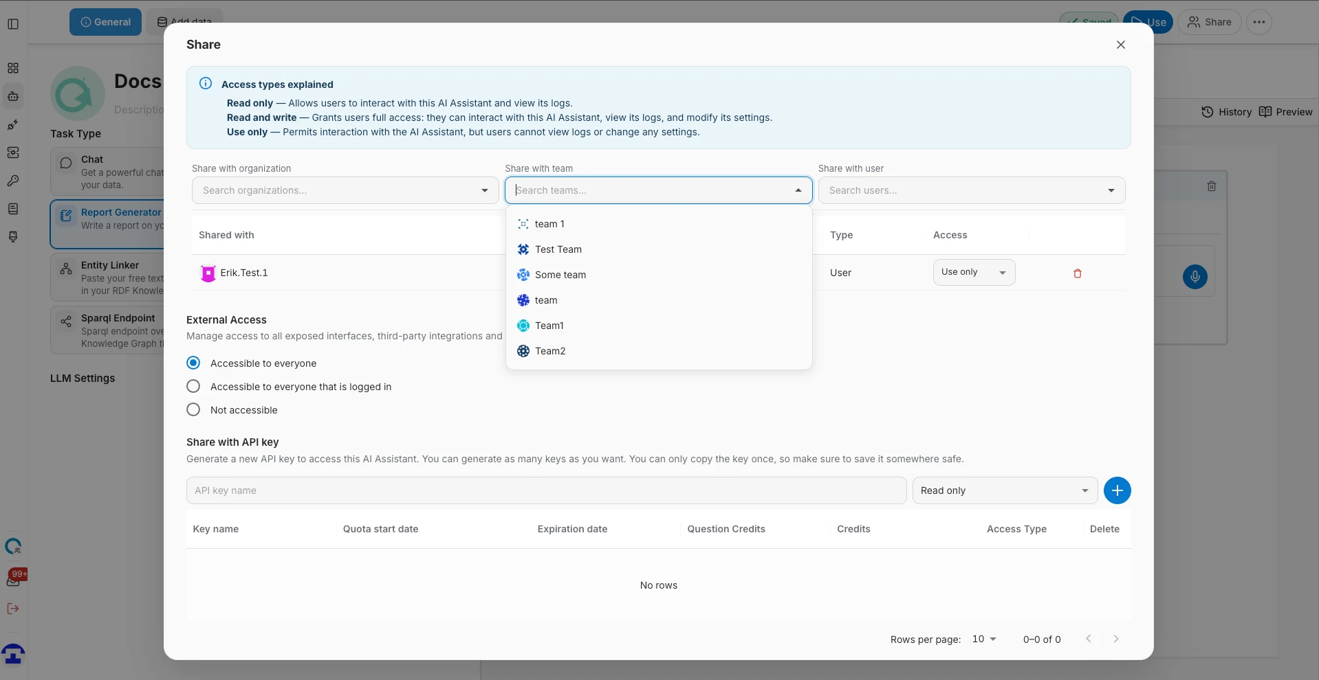 Searching for a team in the Share dialog