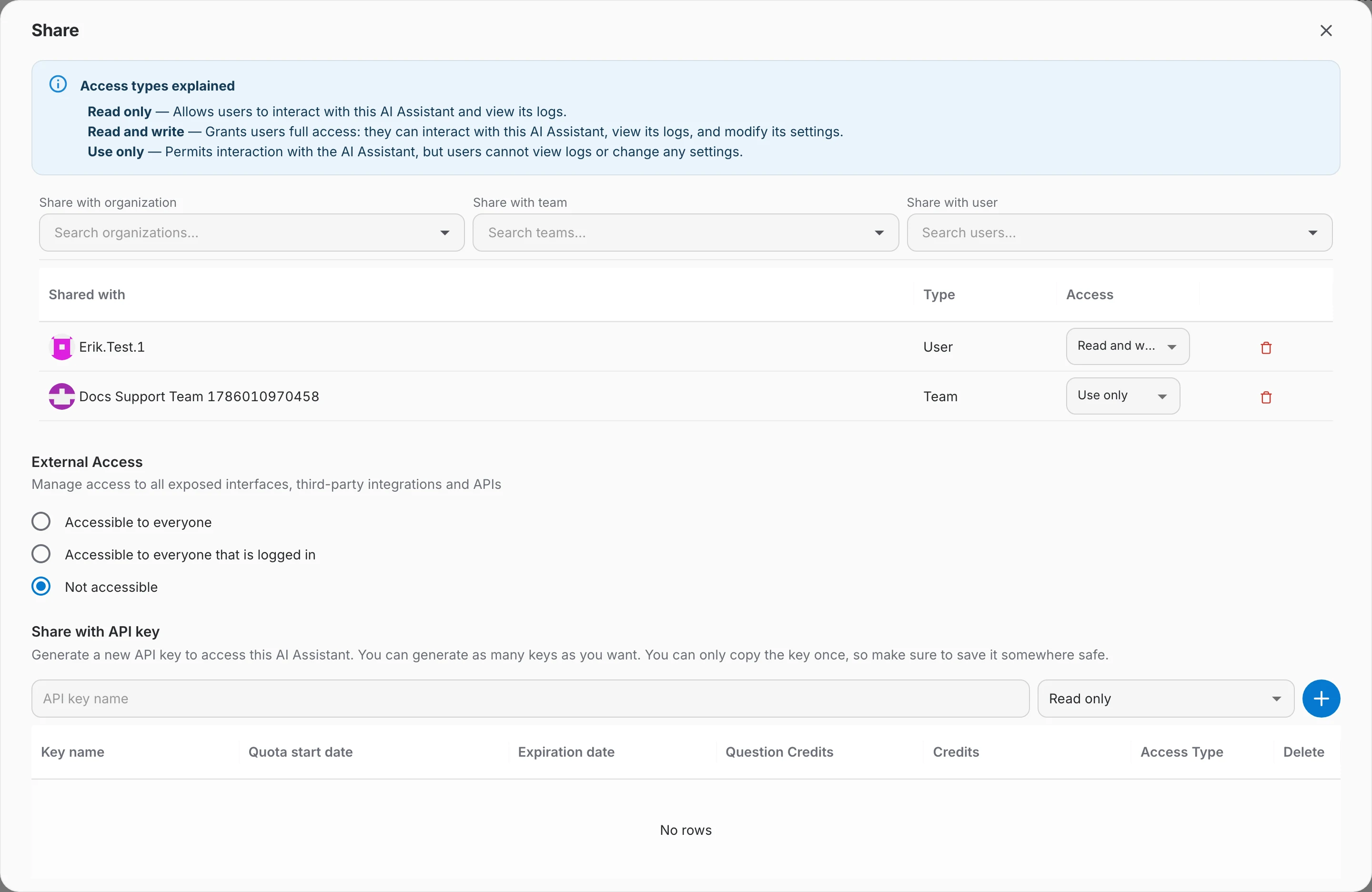 The Share dialog of an AI assistant