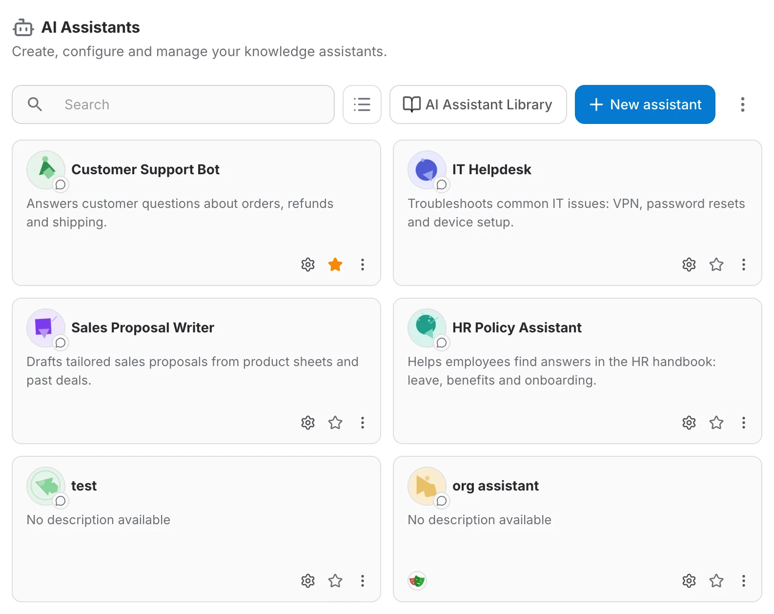 The AI Assistants page in grid view