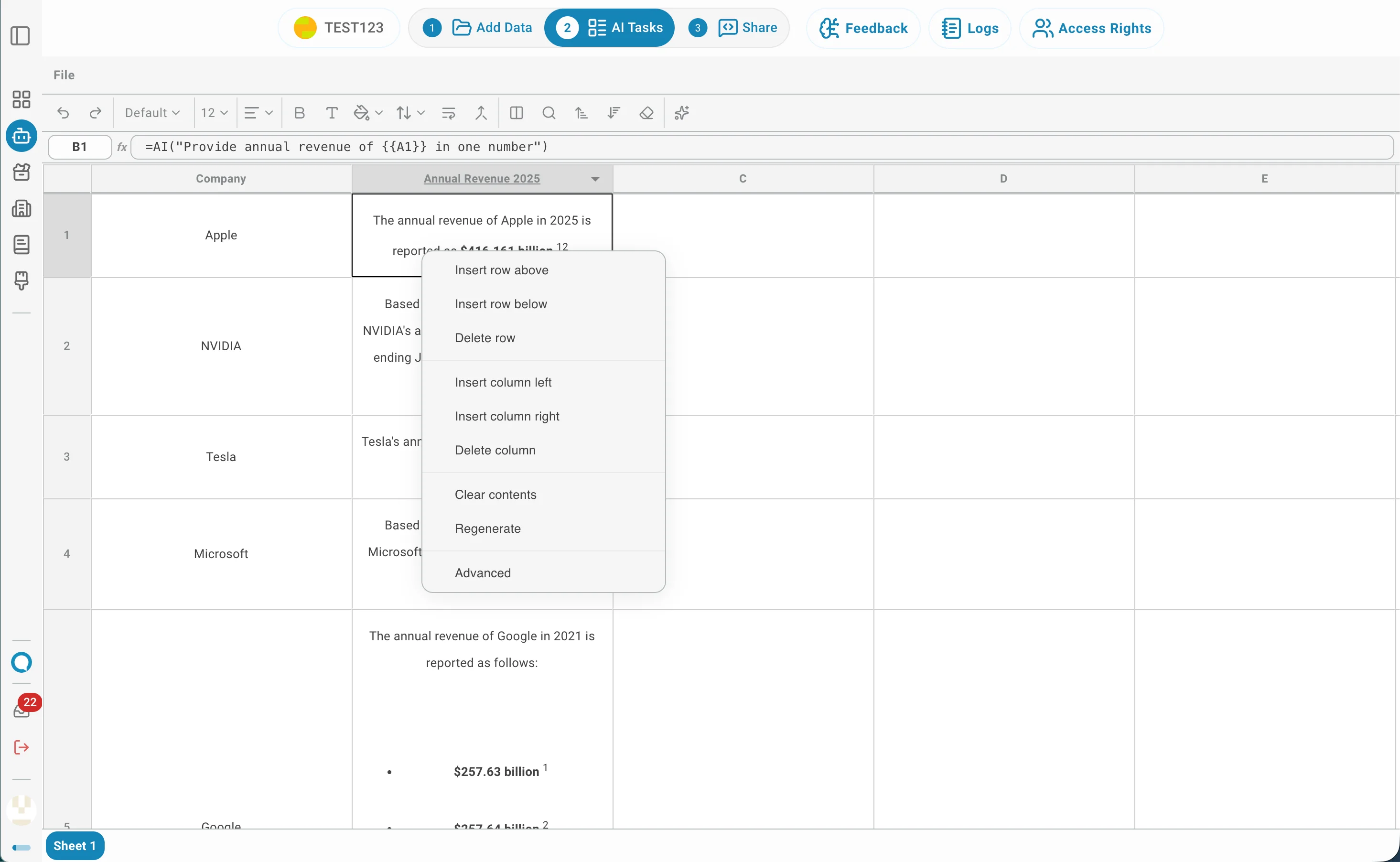 AI Spreadsheet cell context menu