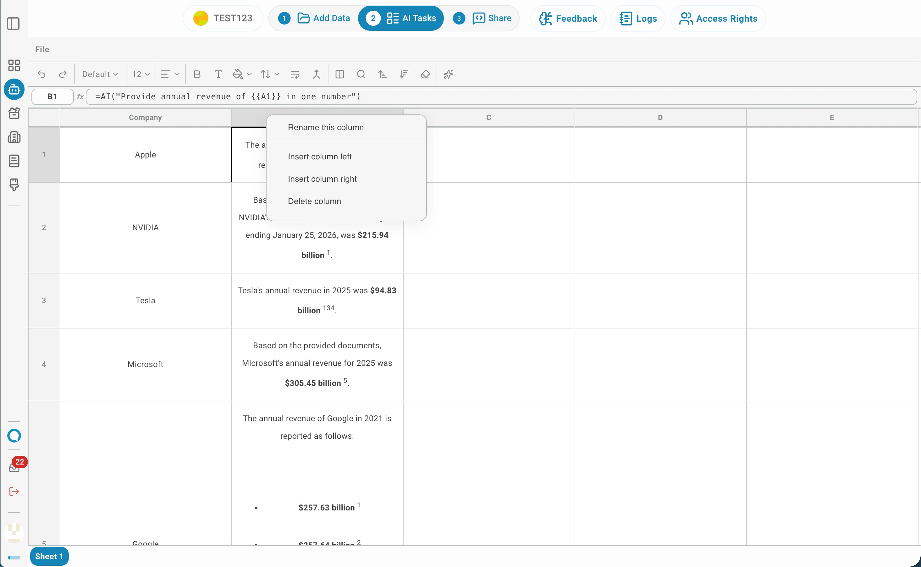AI Spreadsheet header context menu
