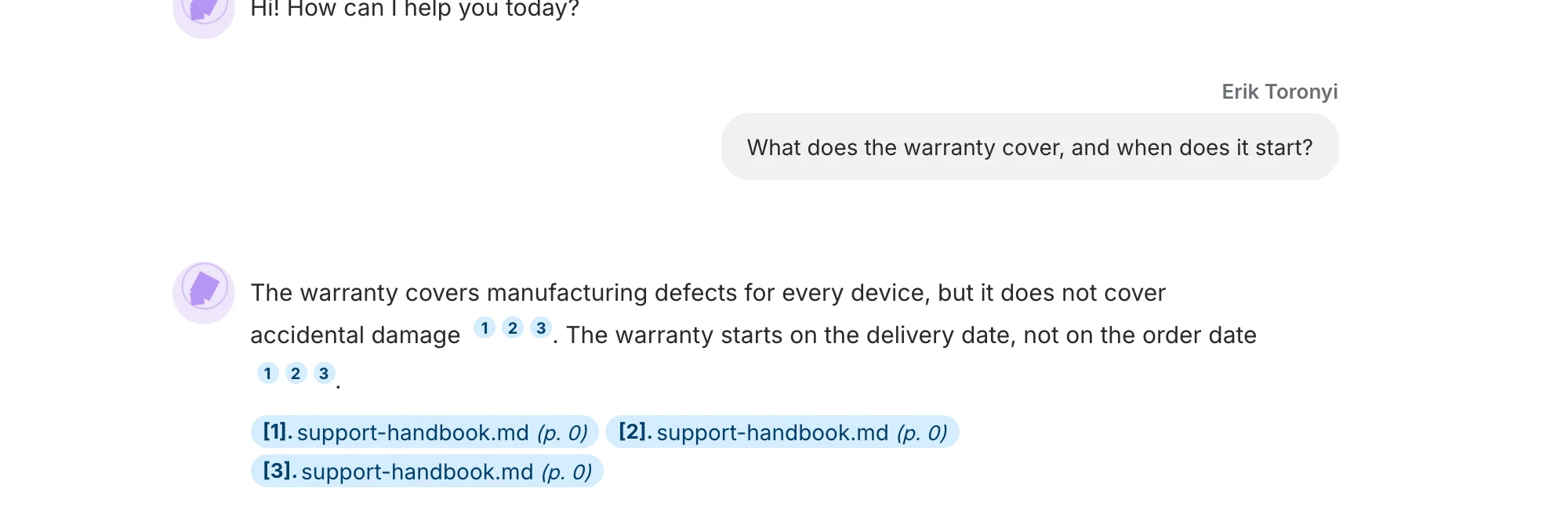 A chat answer with its citations and action icons