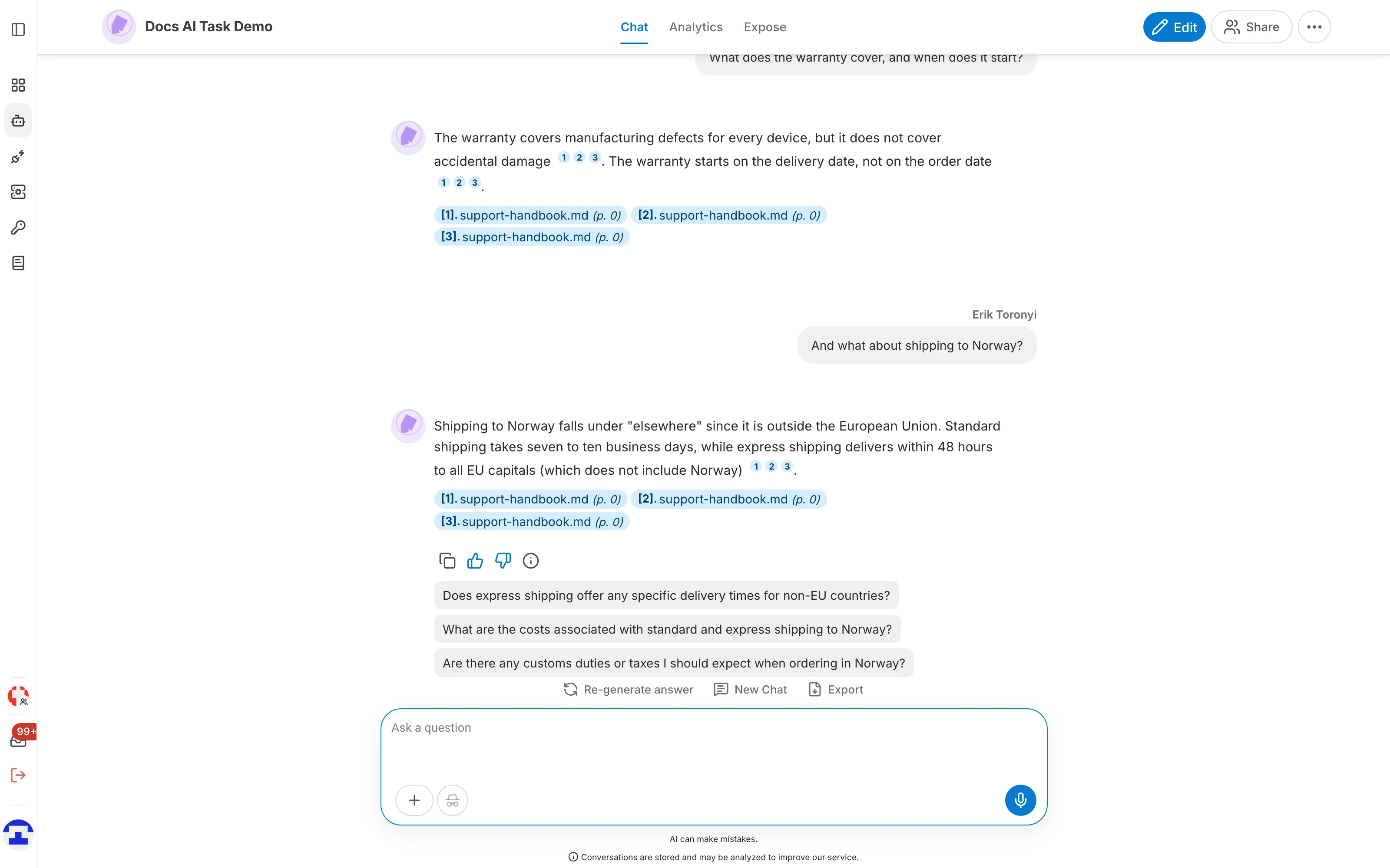 A conversation with citations and suggested replies