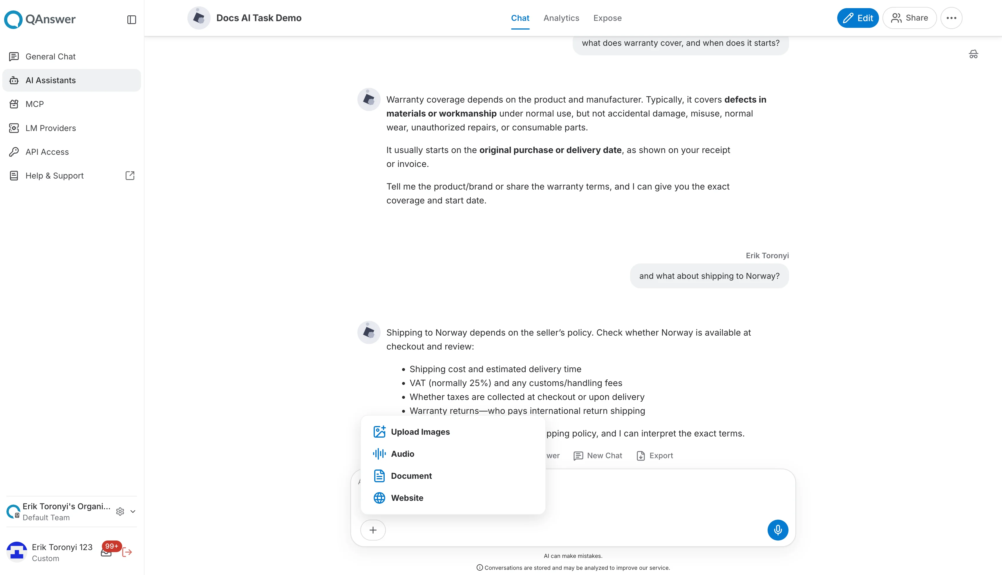 Adding a data source from the chat input box