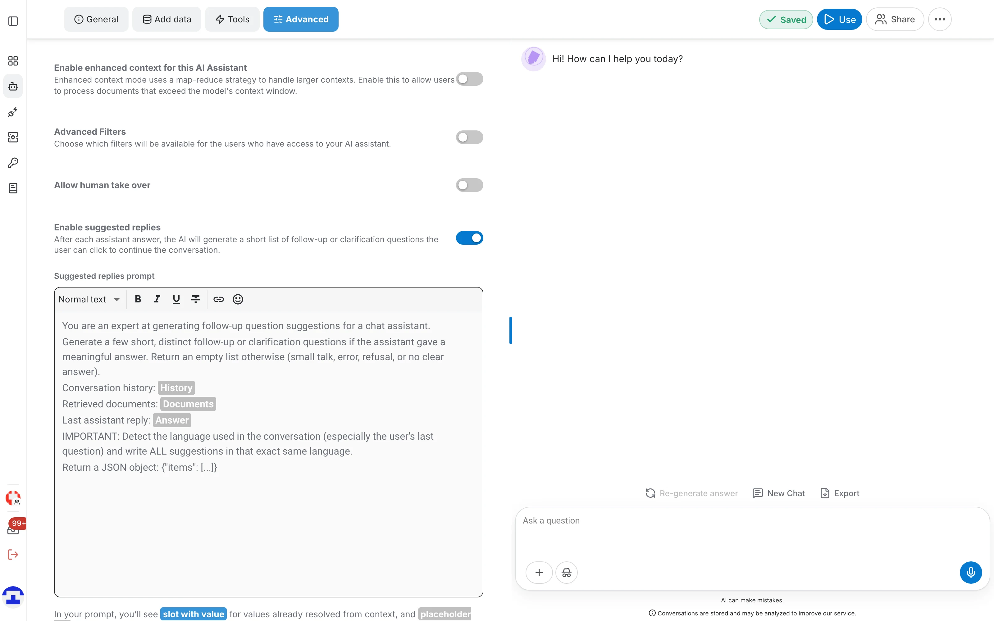 The suggested replies switch on the Advanced tab