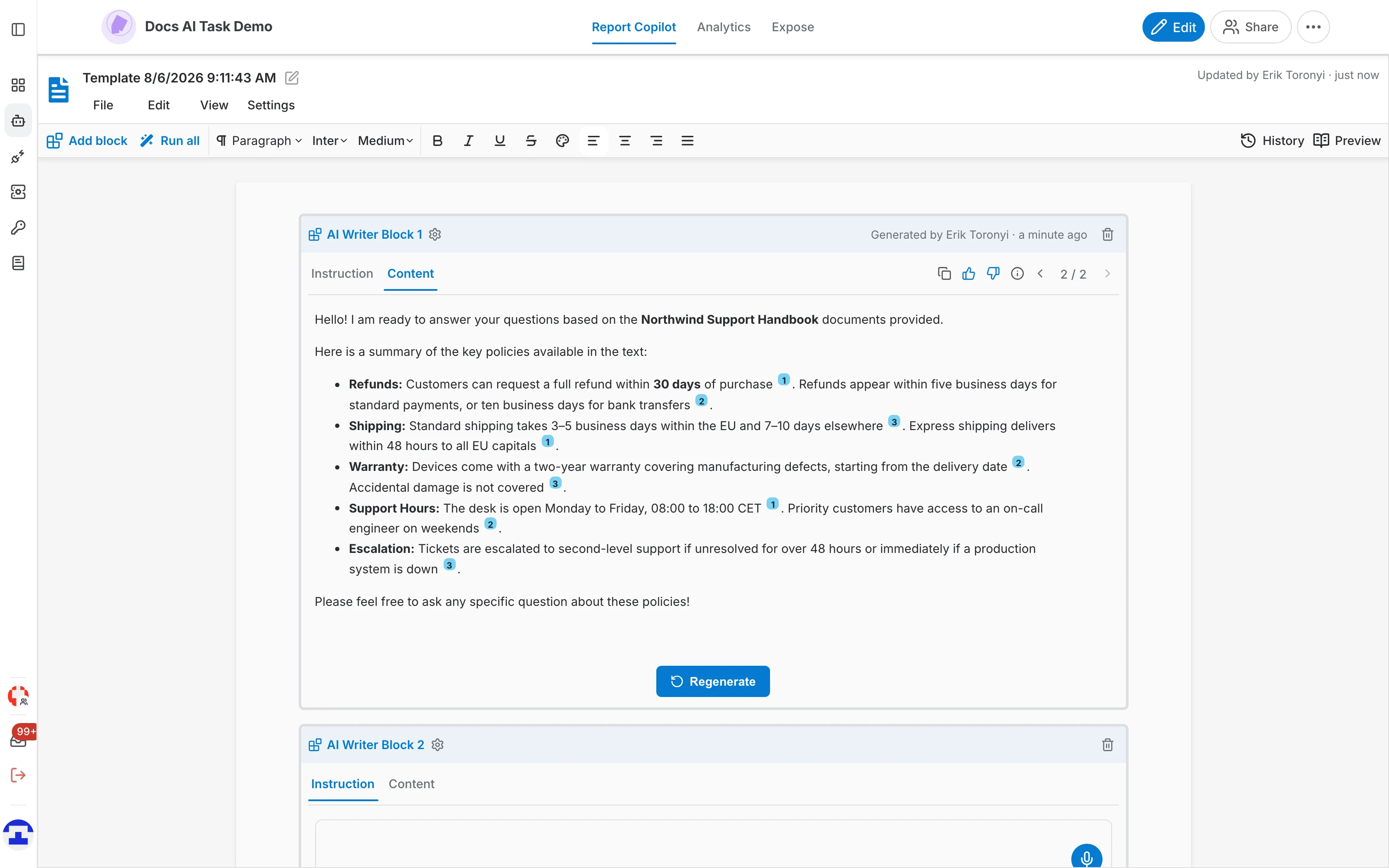 The generated content with citations