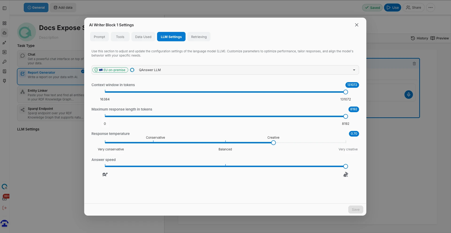 The LLM Settings tab of a single AI writer block