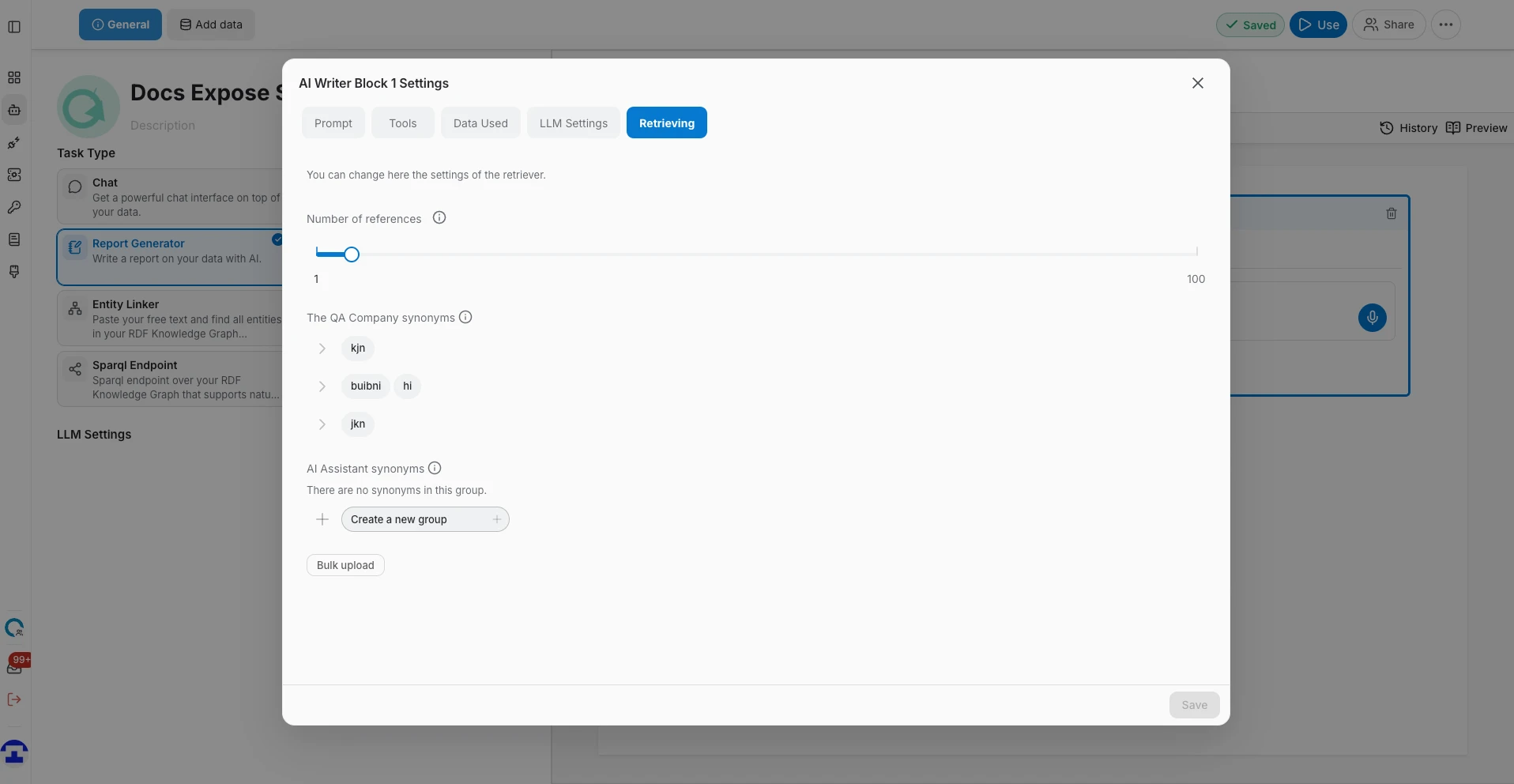 The Retrieving tab of a single AI writer block