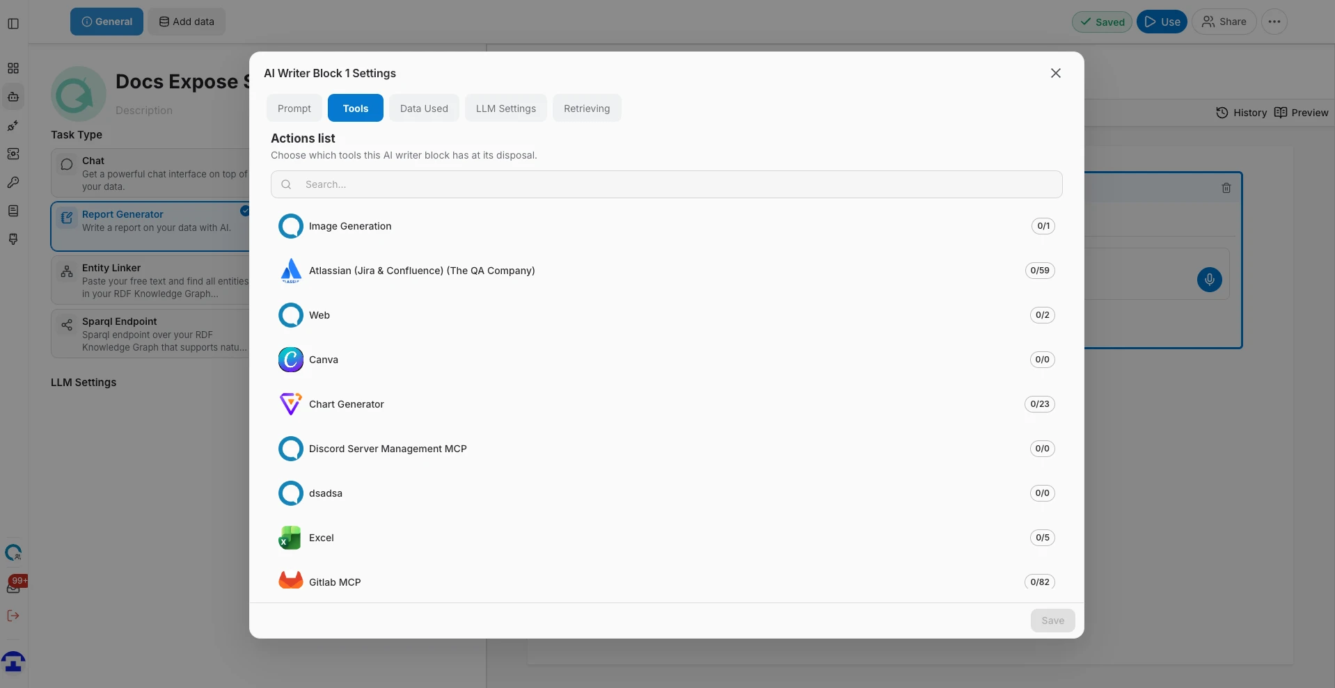 The Tools tab of a single AI writer block