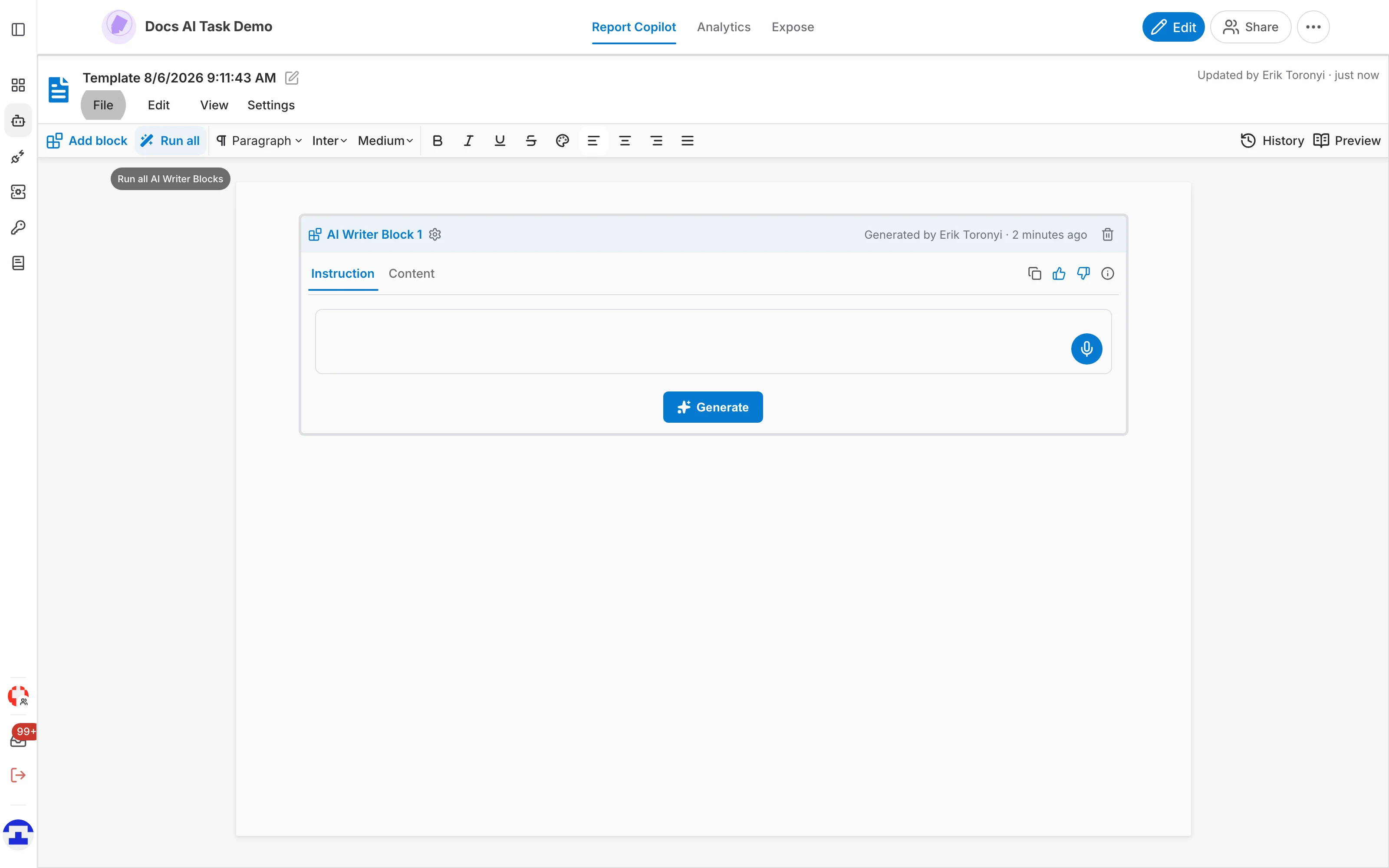 The empty report editor