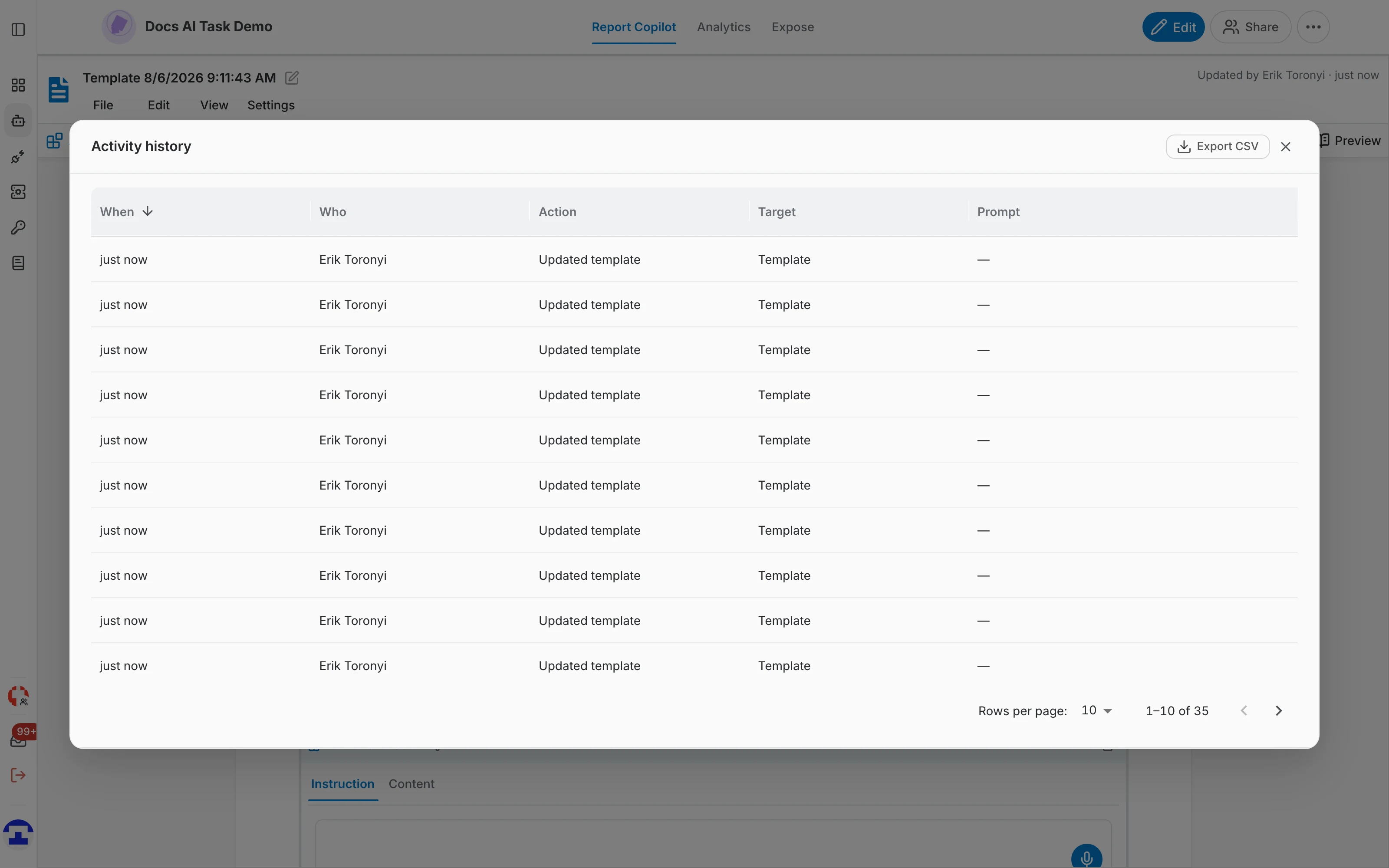The activity history dialog