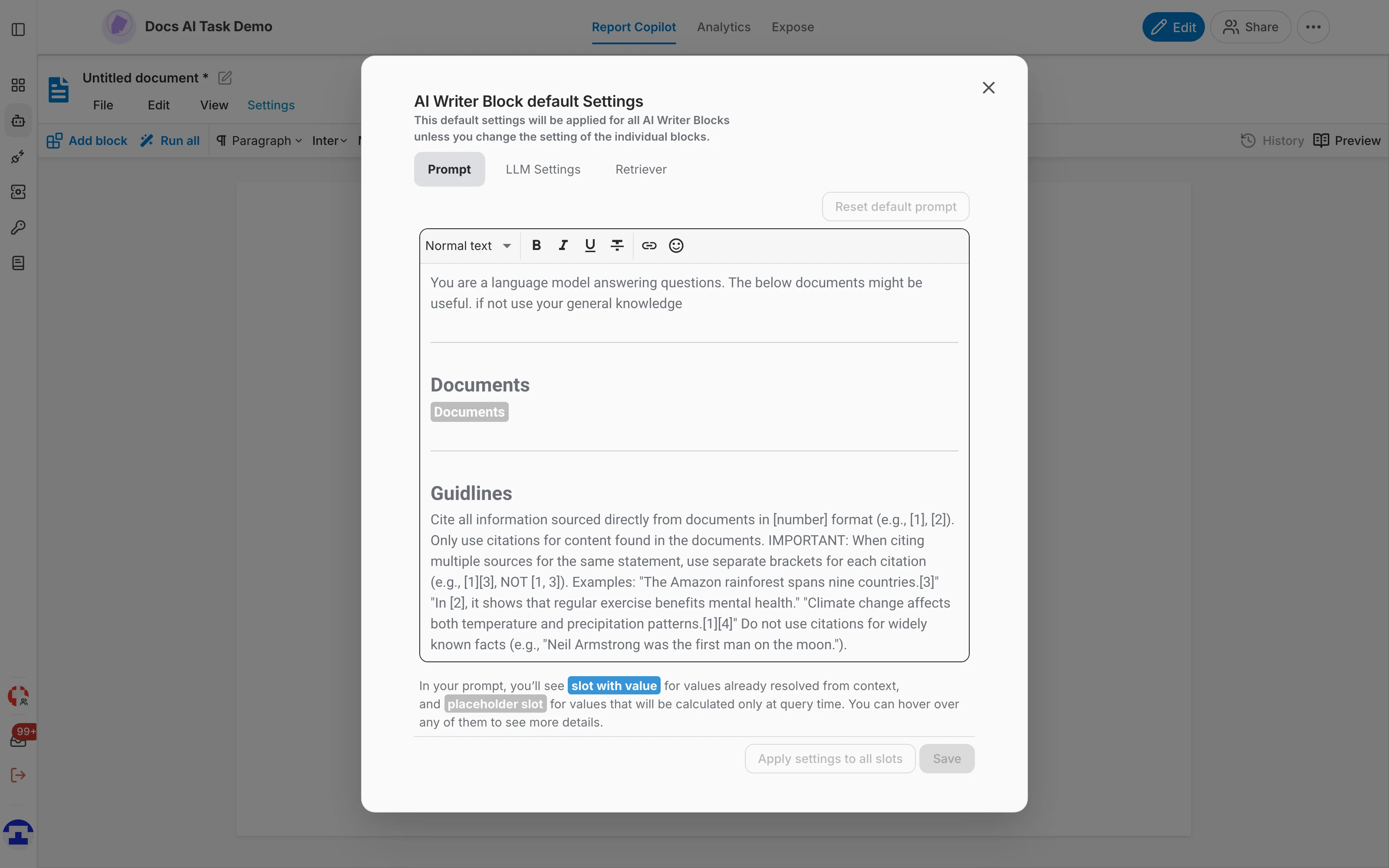 The default AI writer block settings