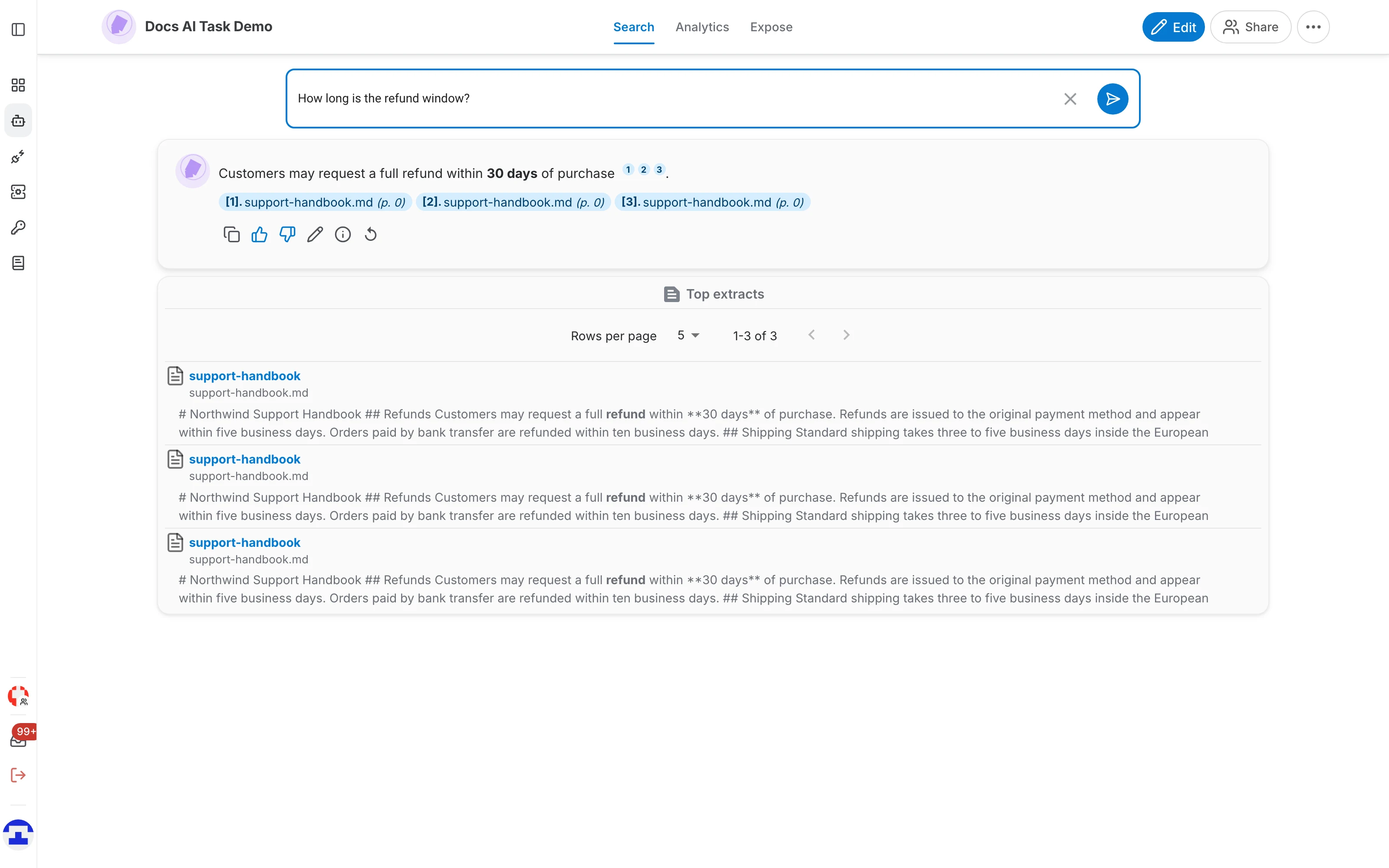 A search answer with its top extracts