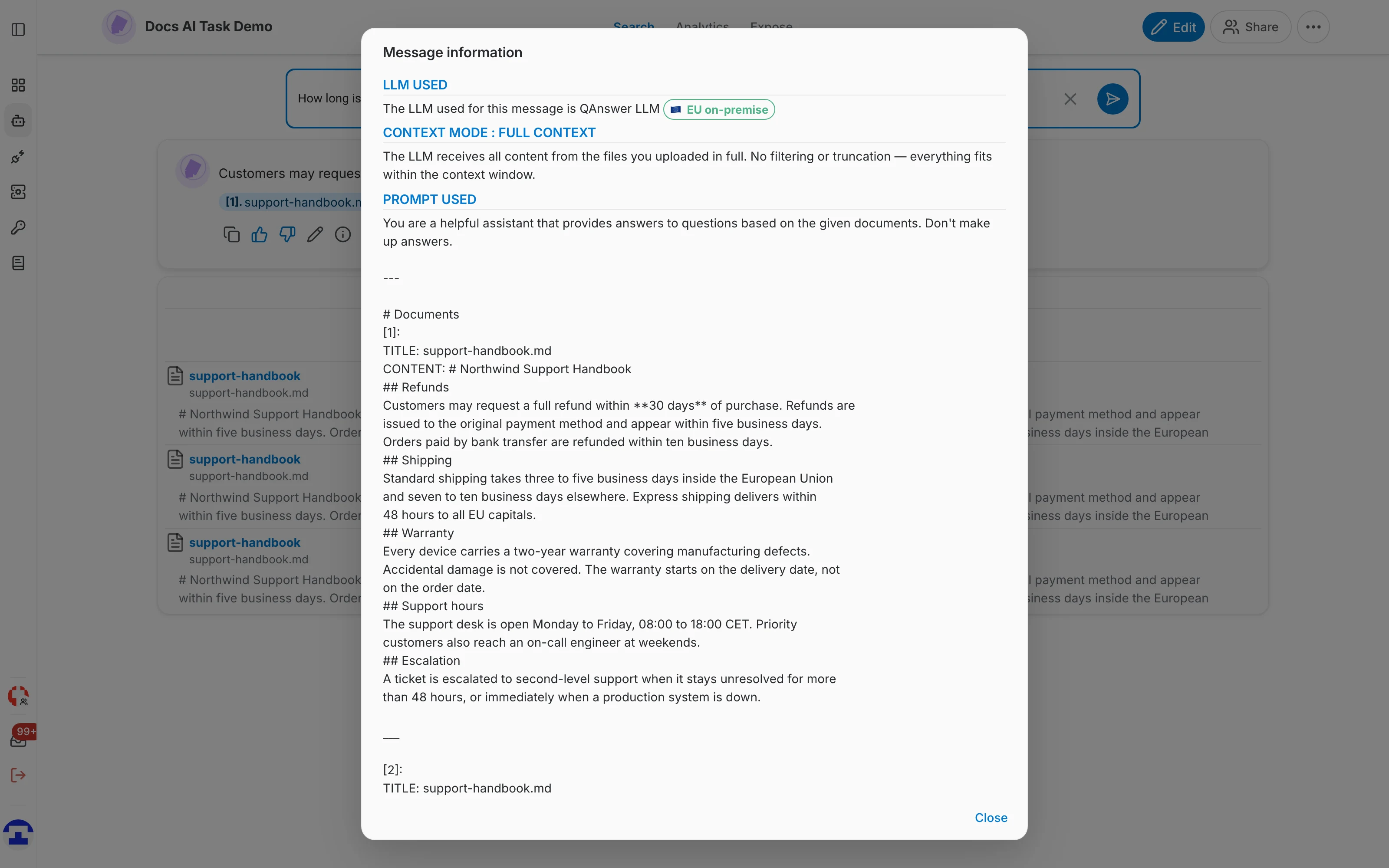 The Message information dialog