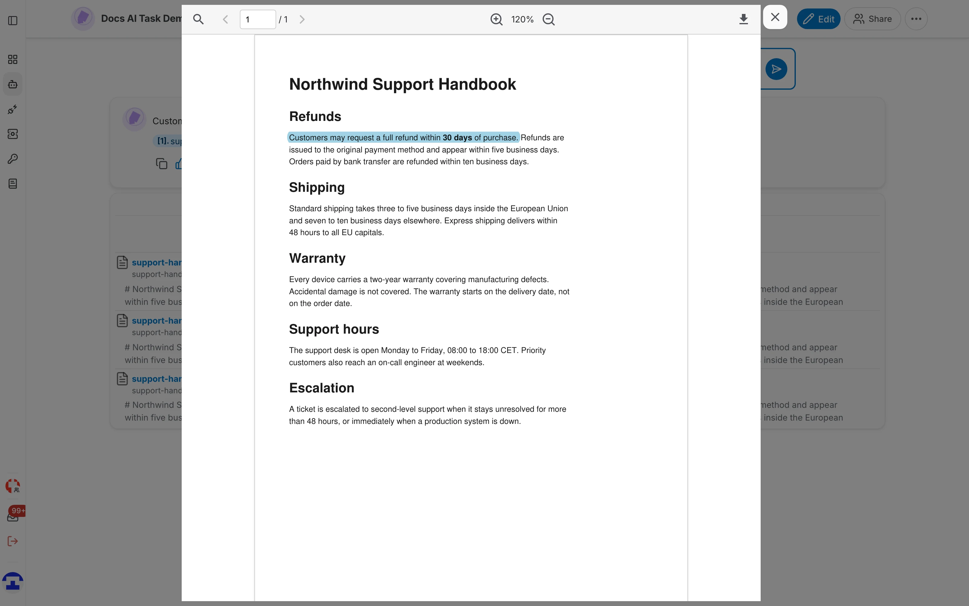 The source document with the used passage highlighted