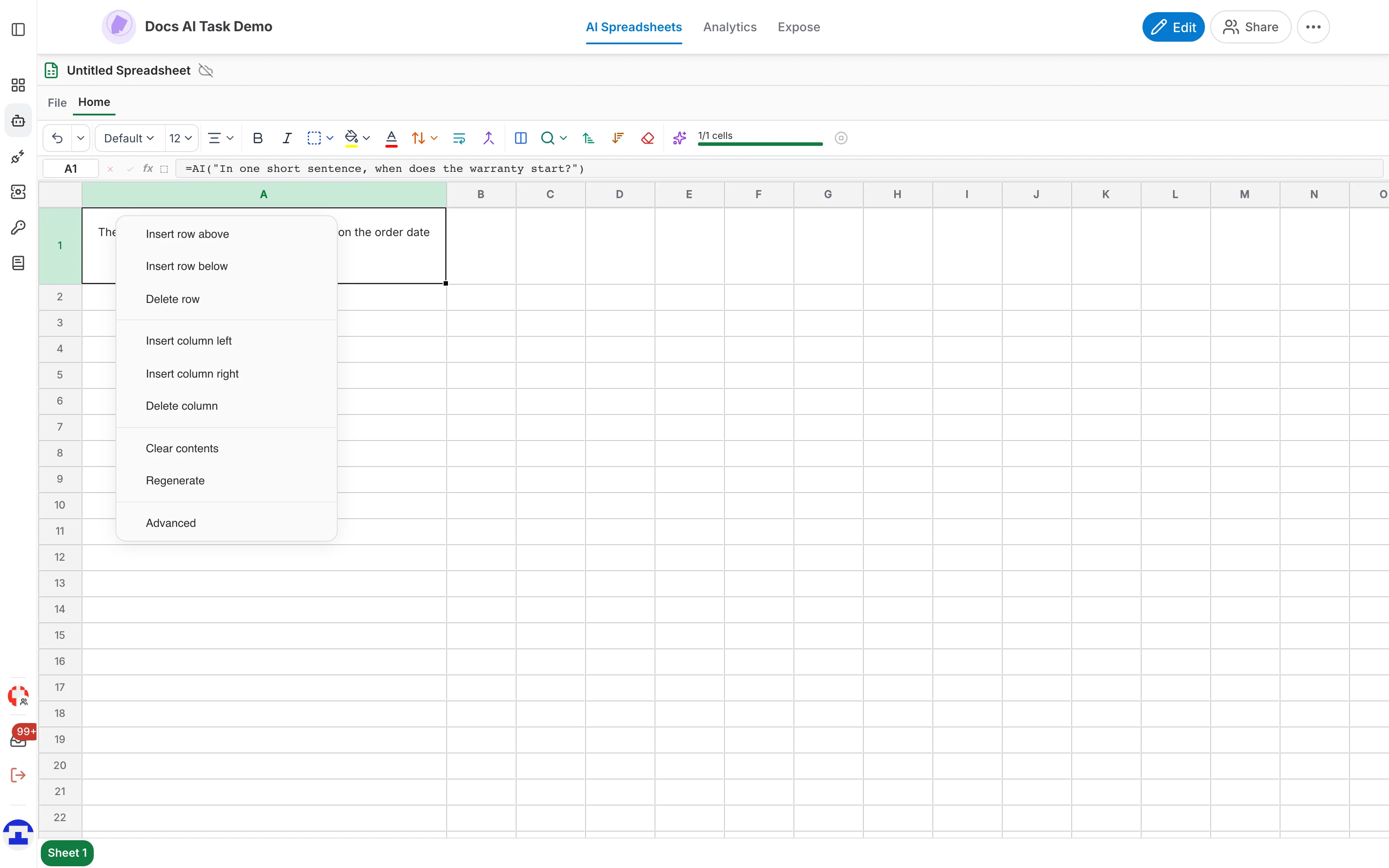 The cell context menu