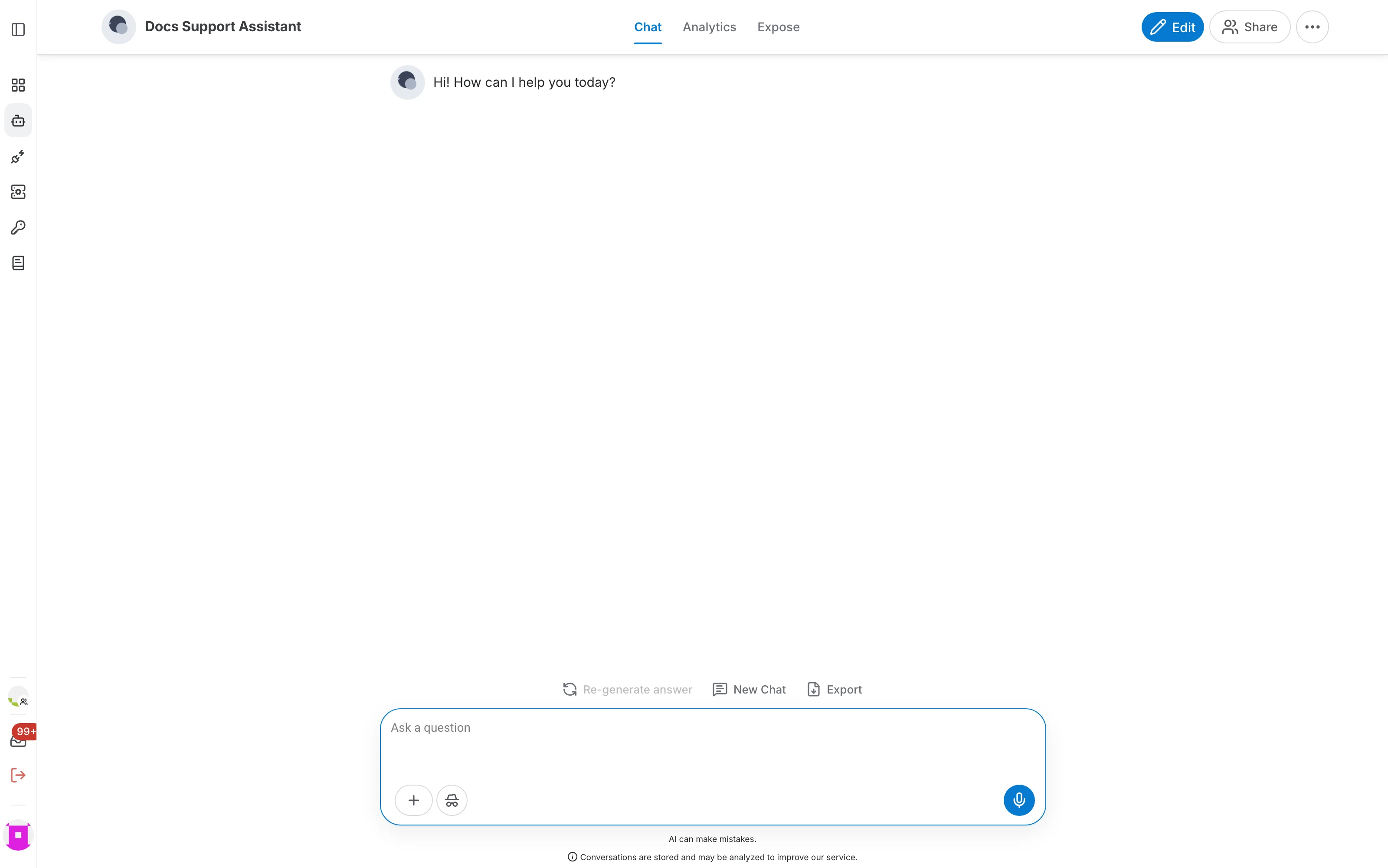 AI assistant page with Chat, Analytics and Expose tabs