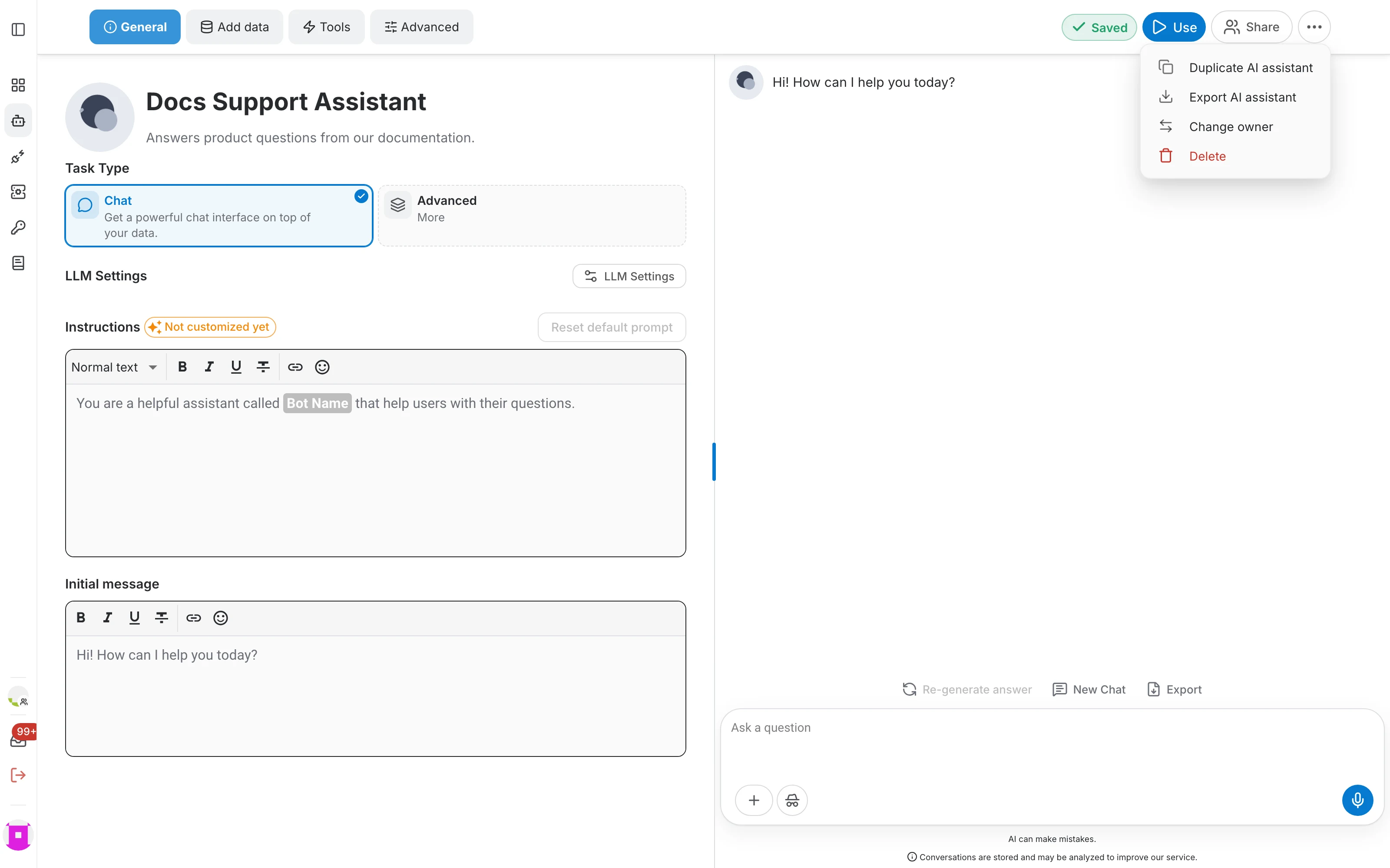 More options menu of the AI assistant editor