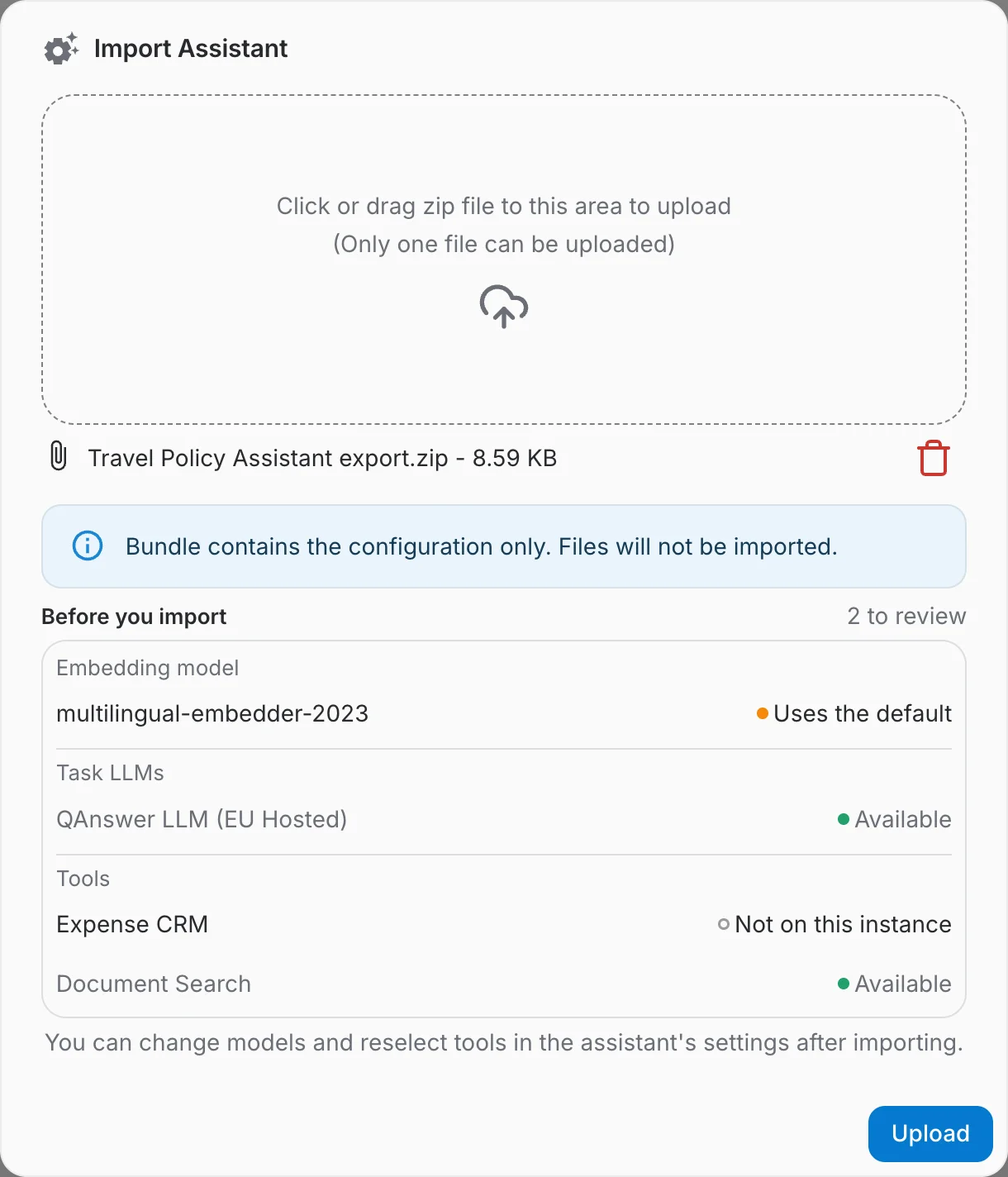 The Before you import summary listing a model and a tool this instance lacks