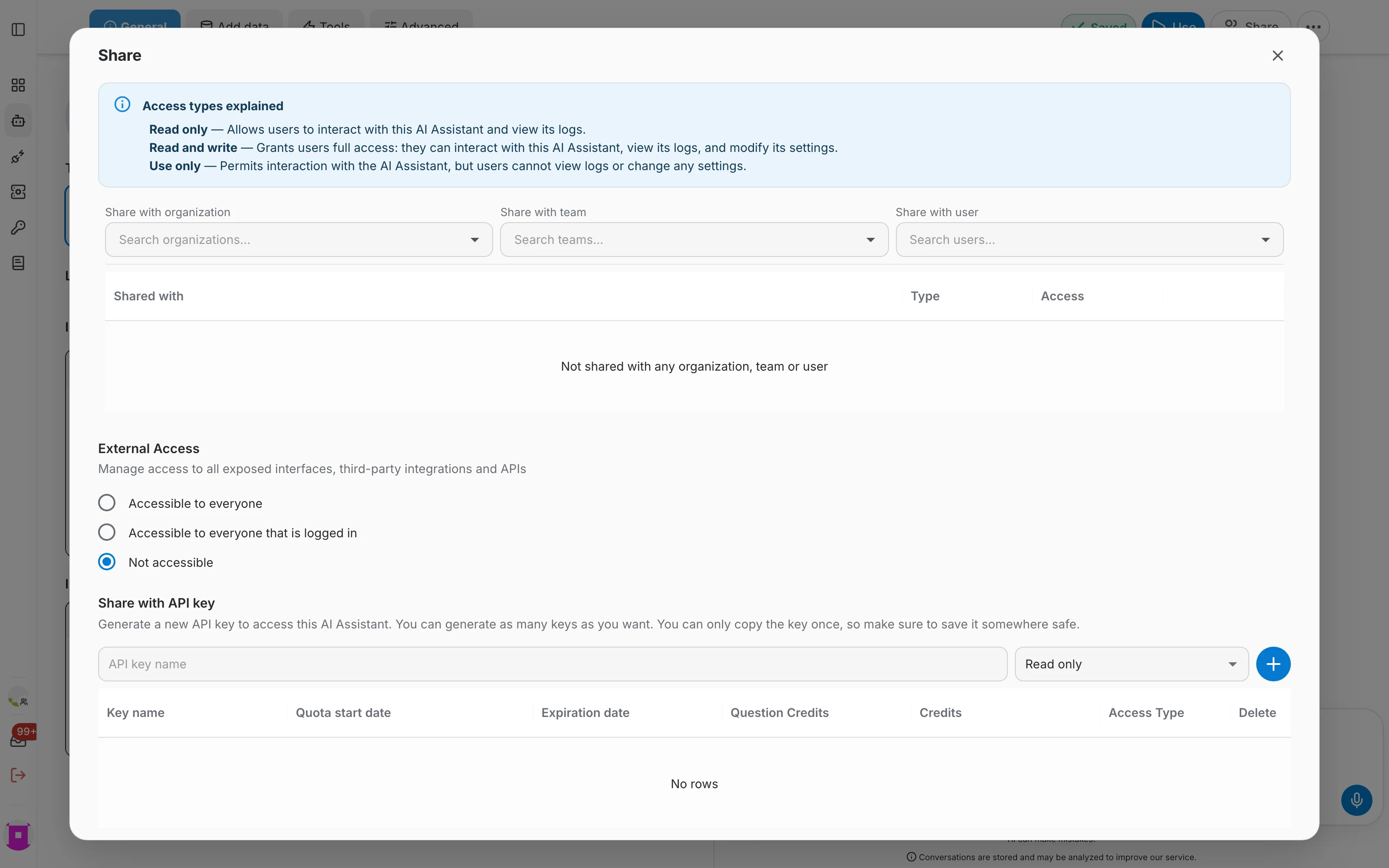 Share dialog of an AI assistant