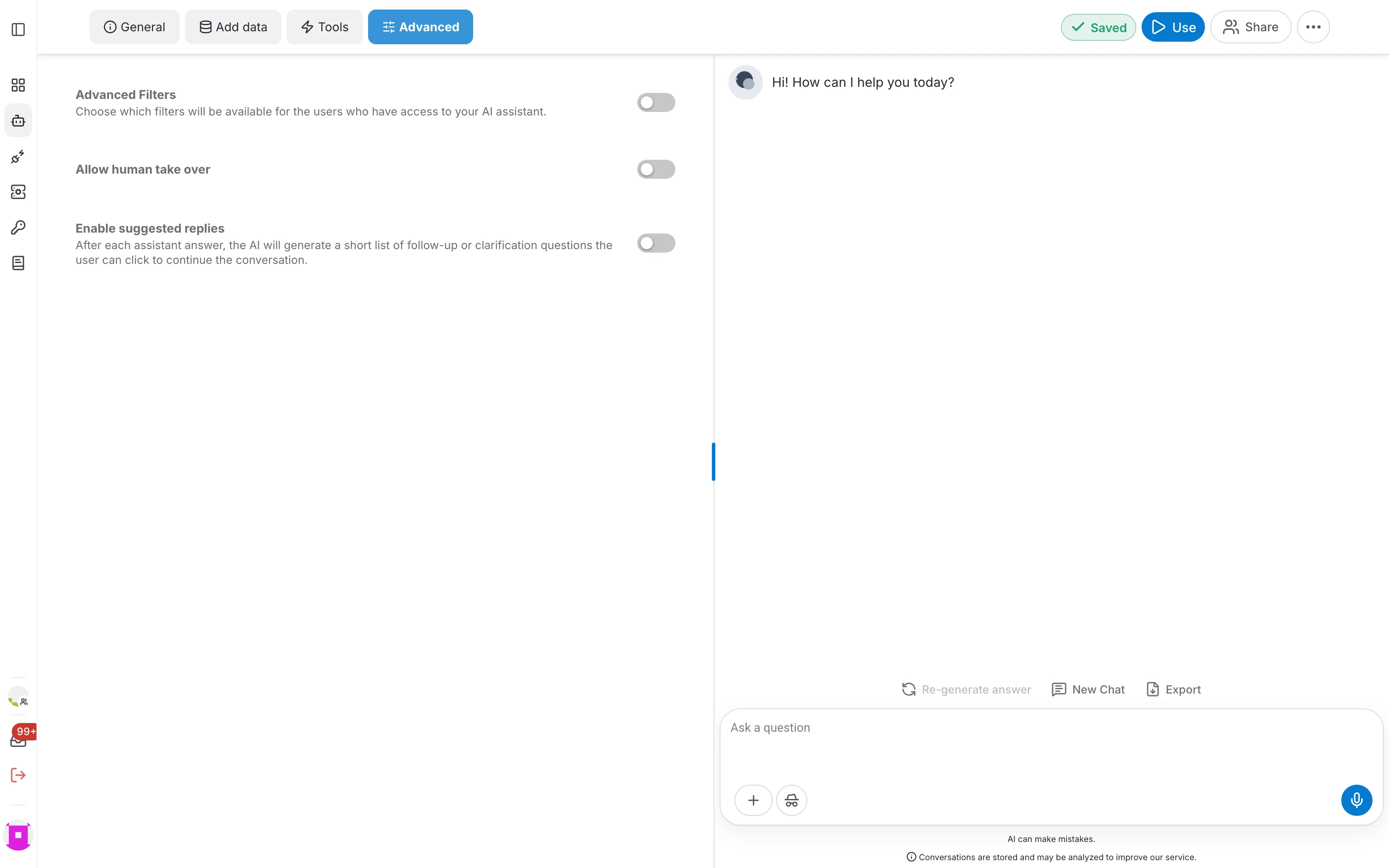 Advanced tab of the AI assistant editor