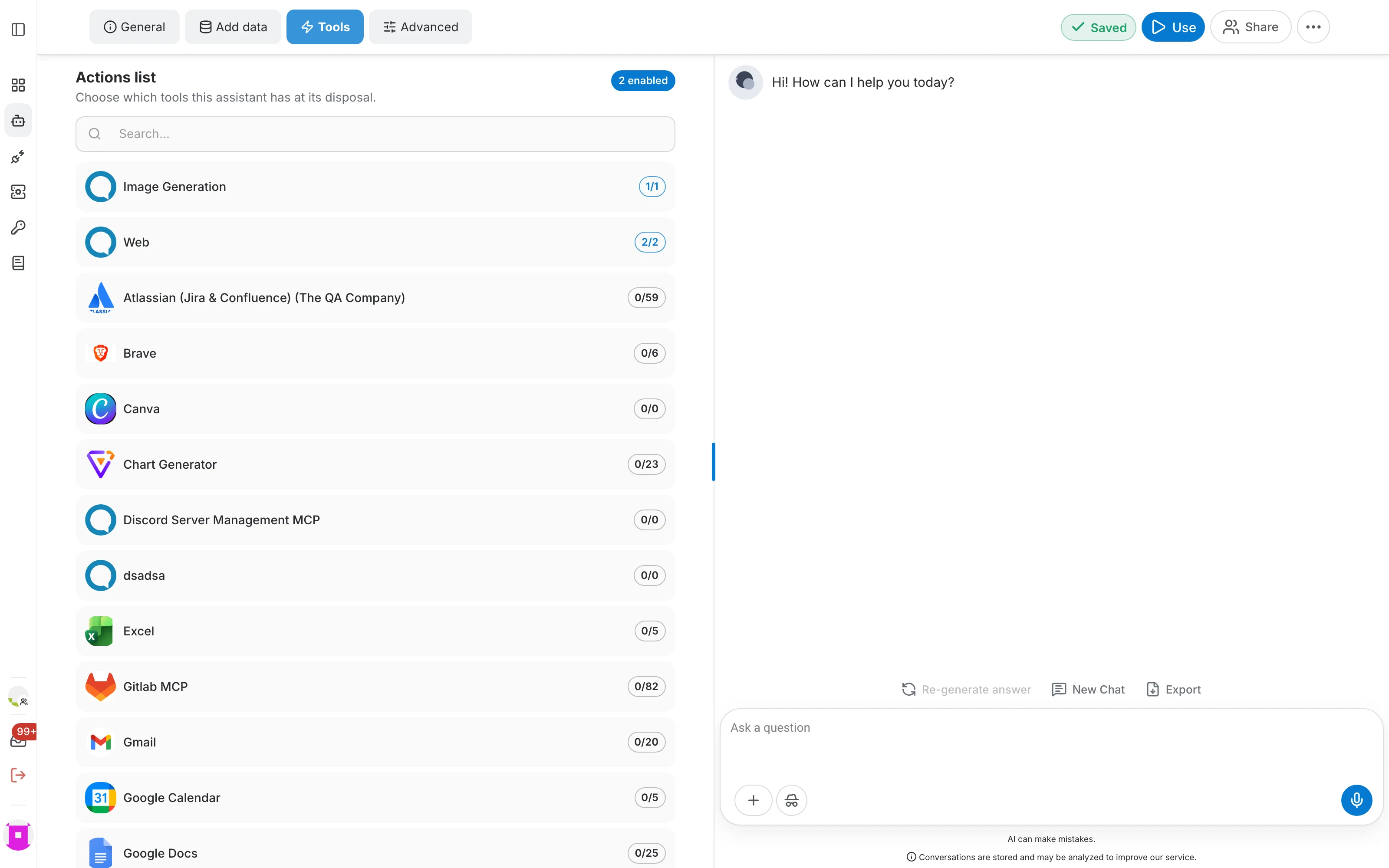Tools tab of the AI assistant editor