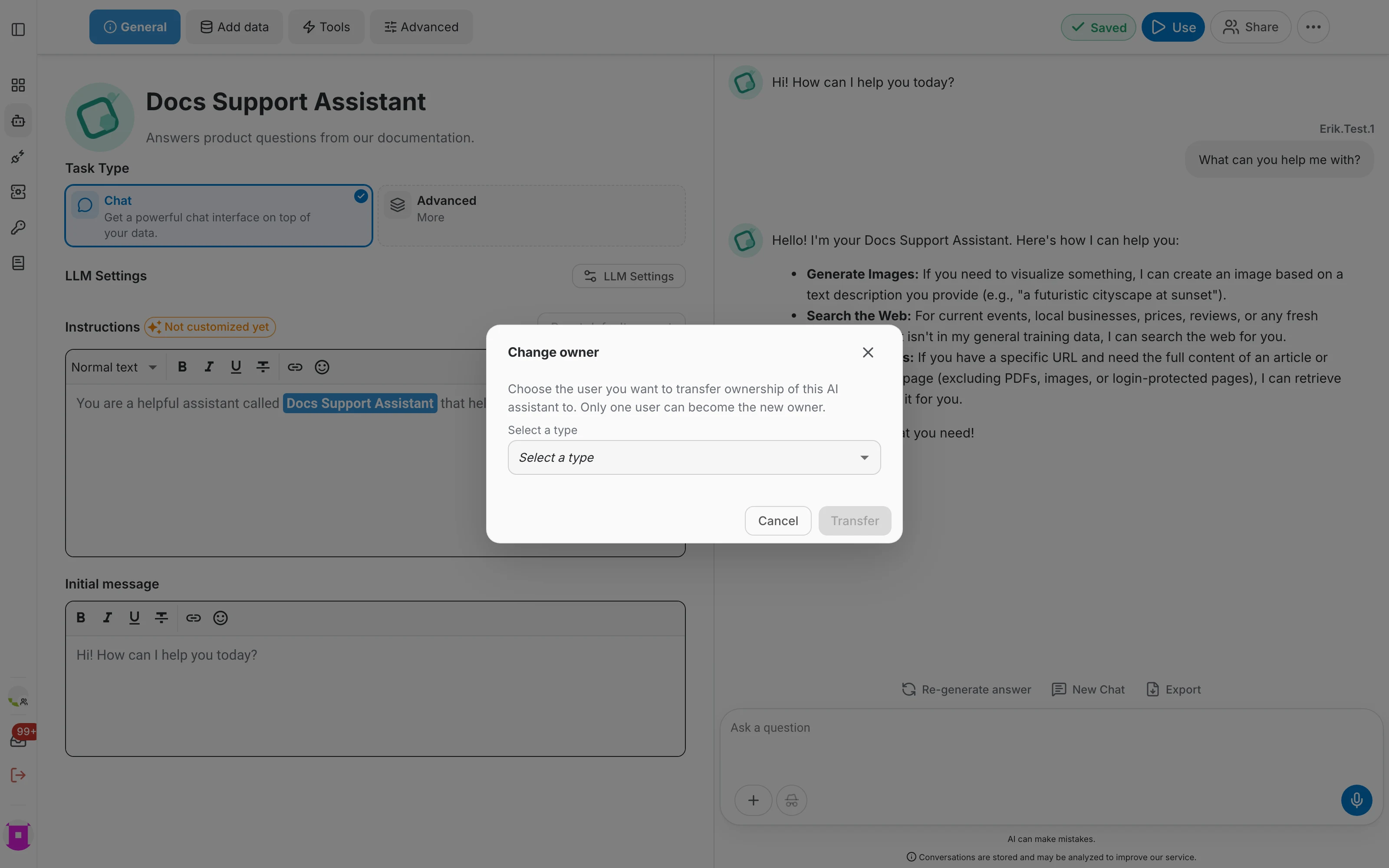 Change owner dialog
