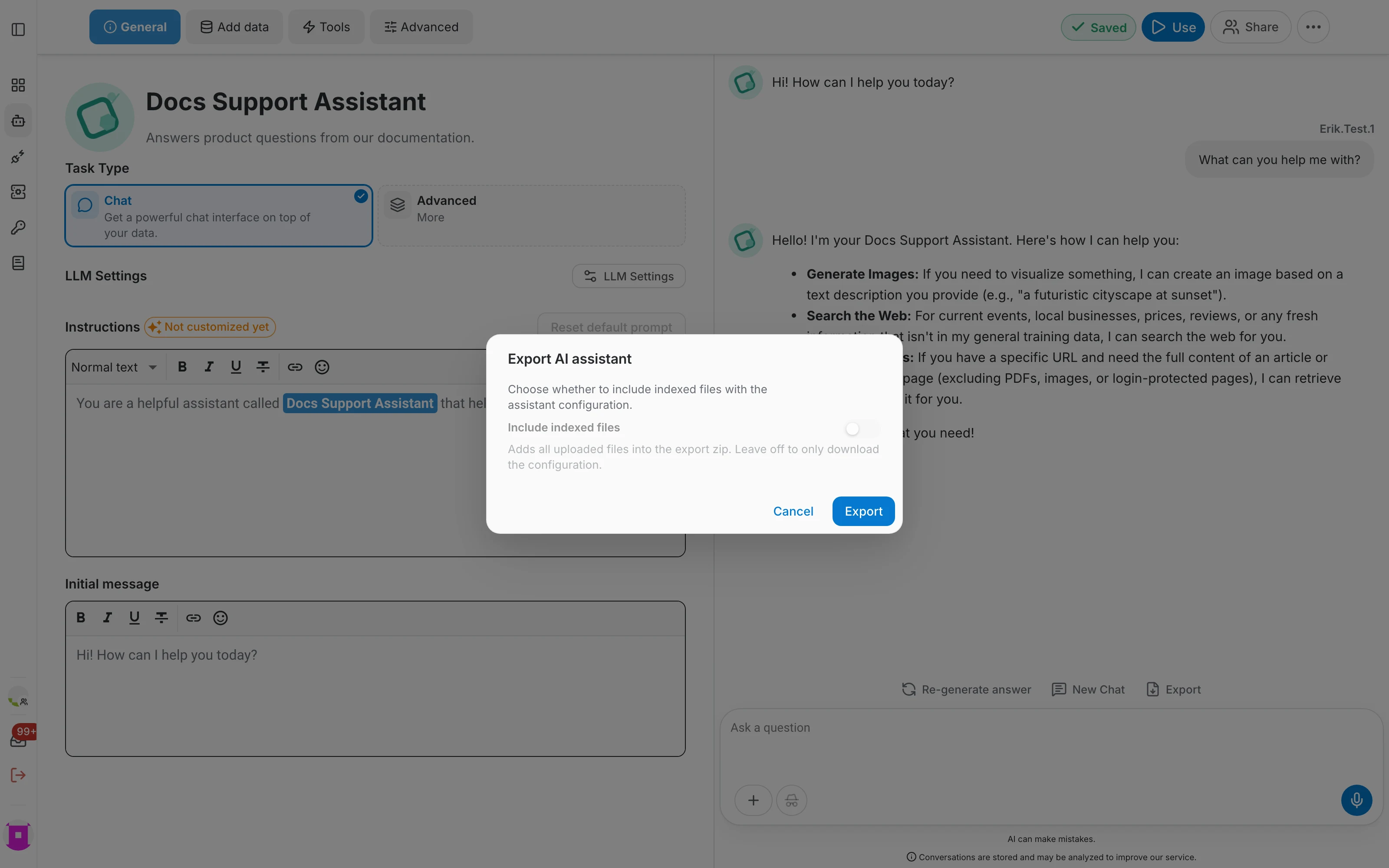 Export assistant dialog
