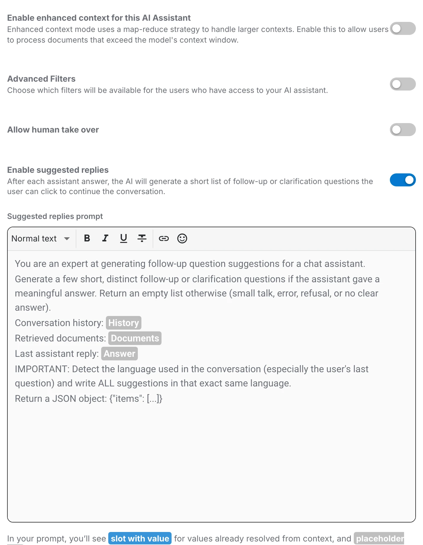 The suggested replies section