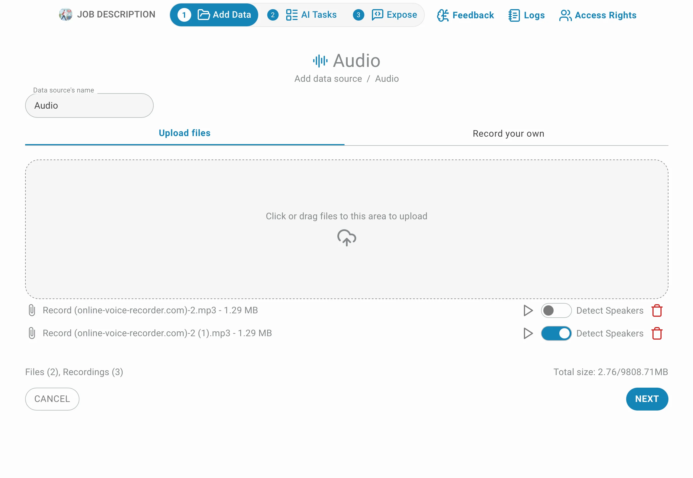 audio list with one diarized on