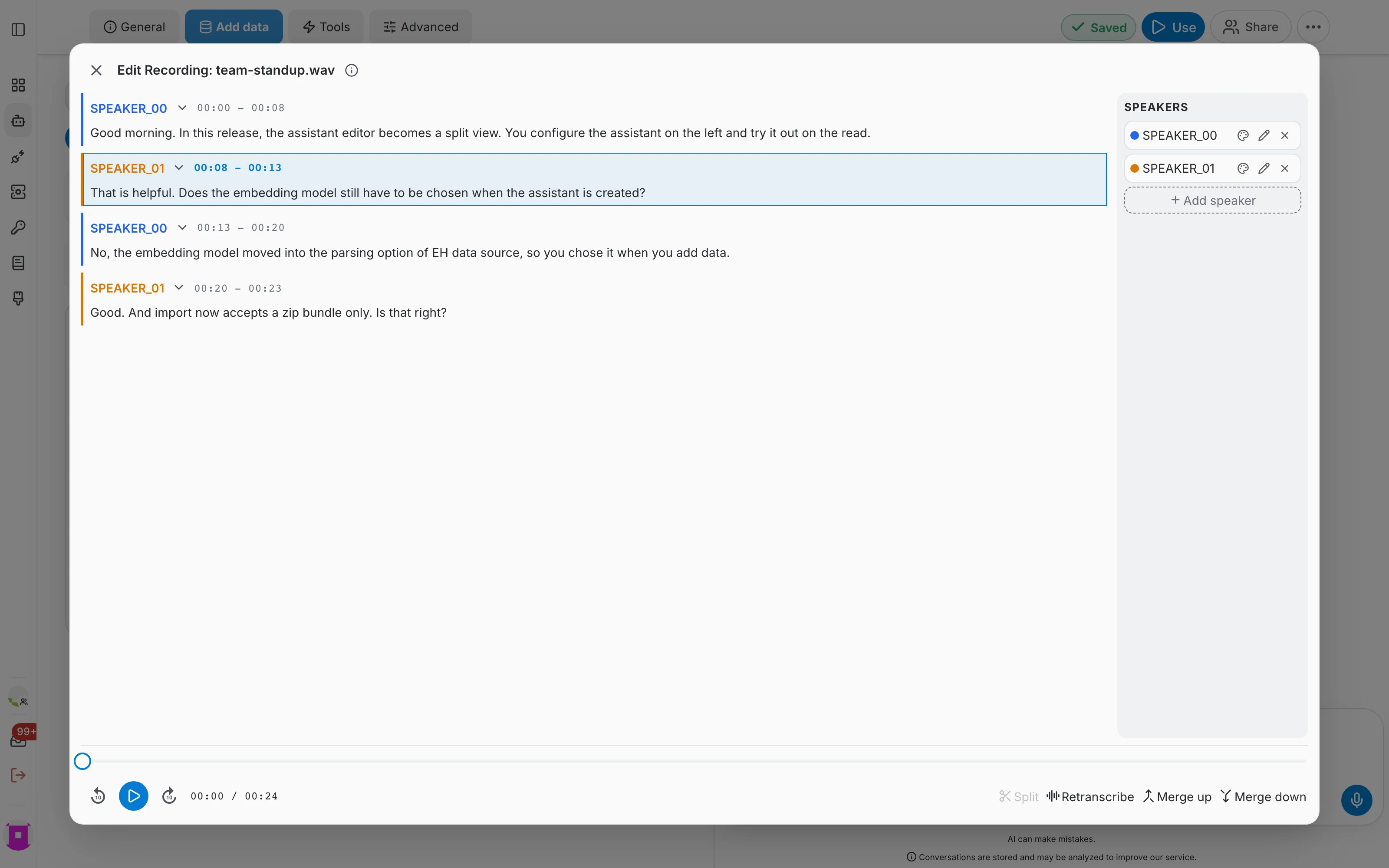 Editing a diarized transcript: speakers panel on the right, segment tools along the bottom