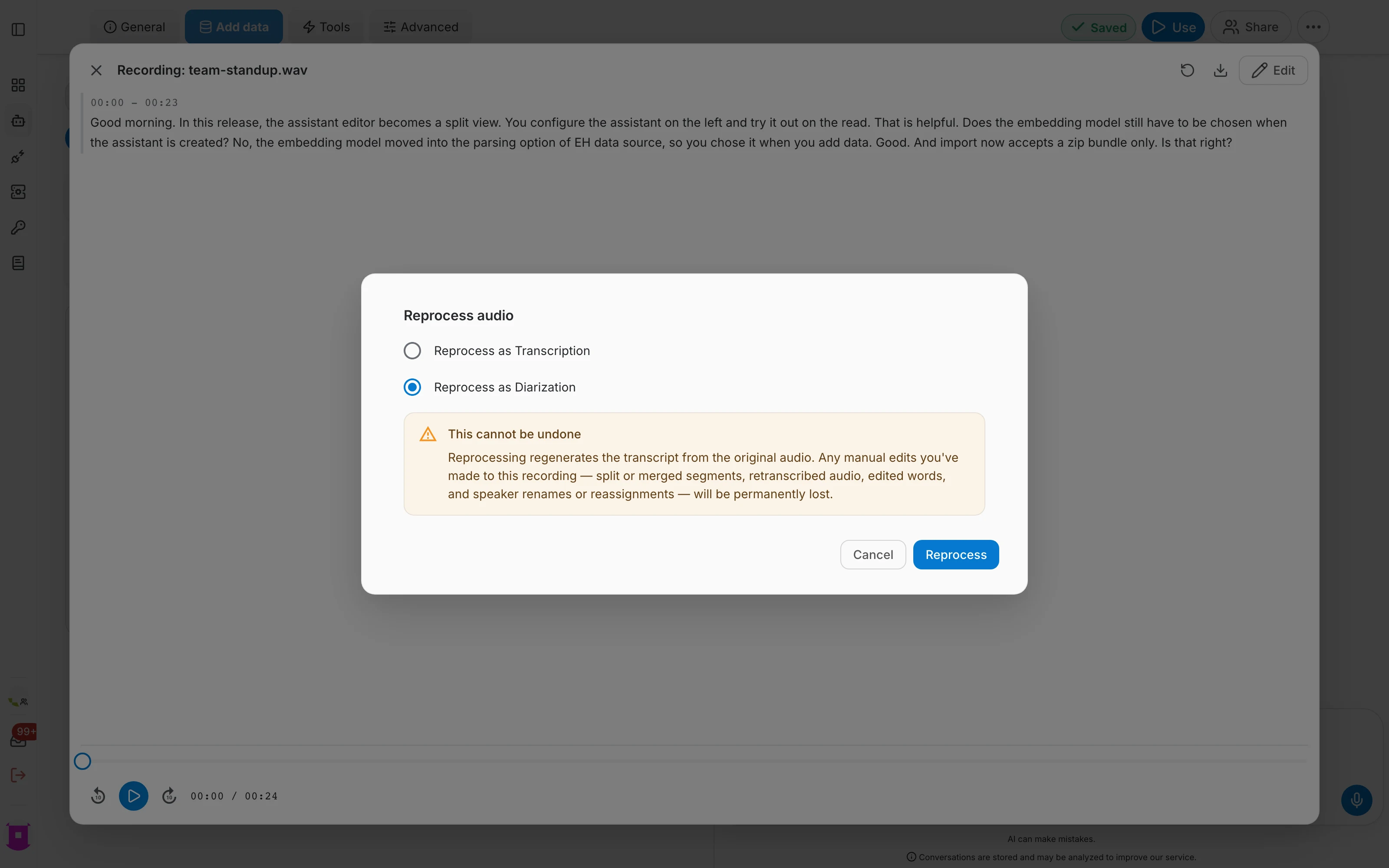Reprocess audio dialog