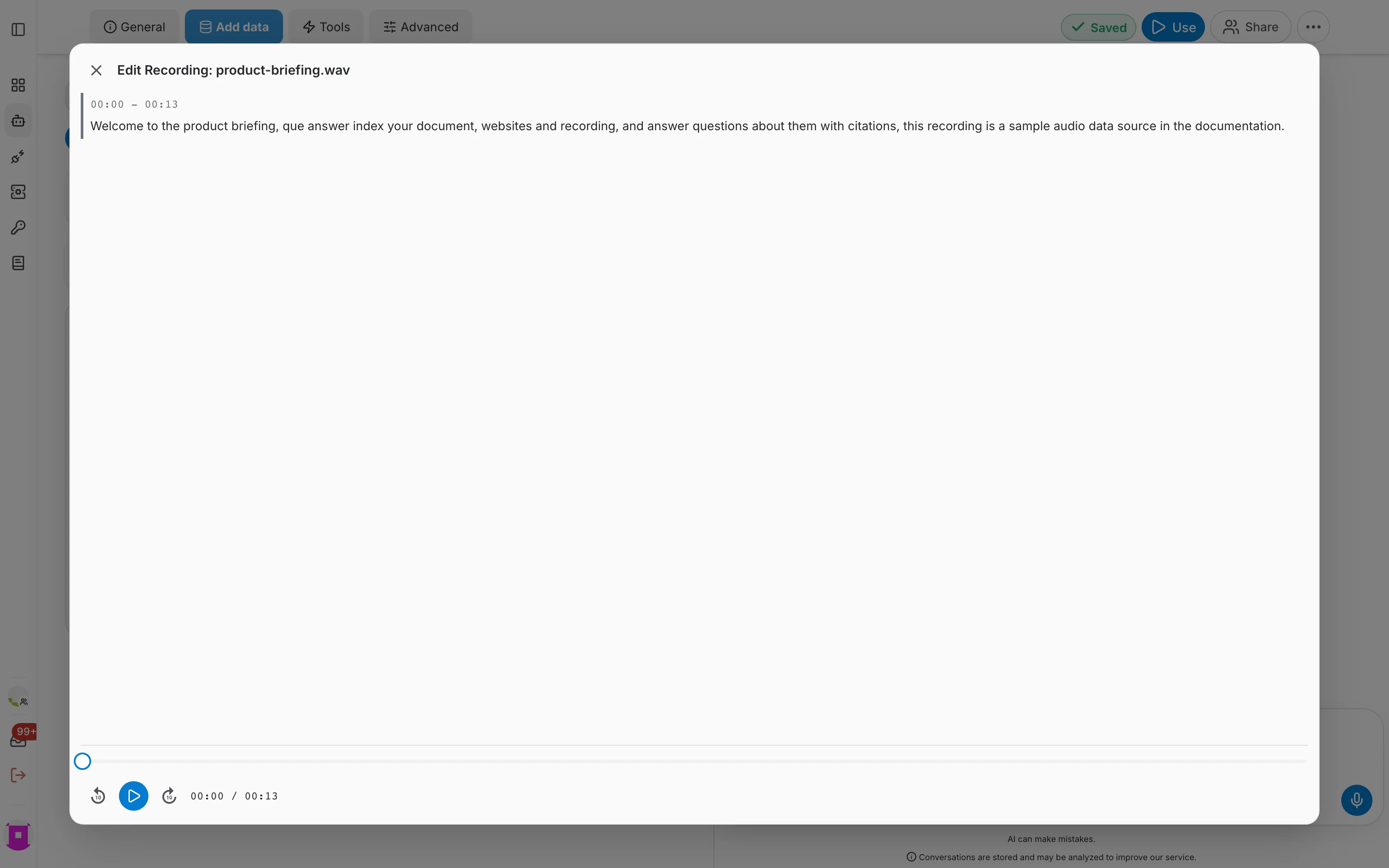Editing a plain transcript: only the text can be changed