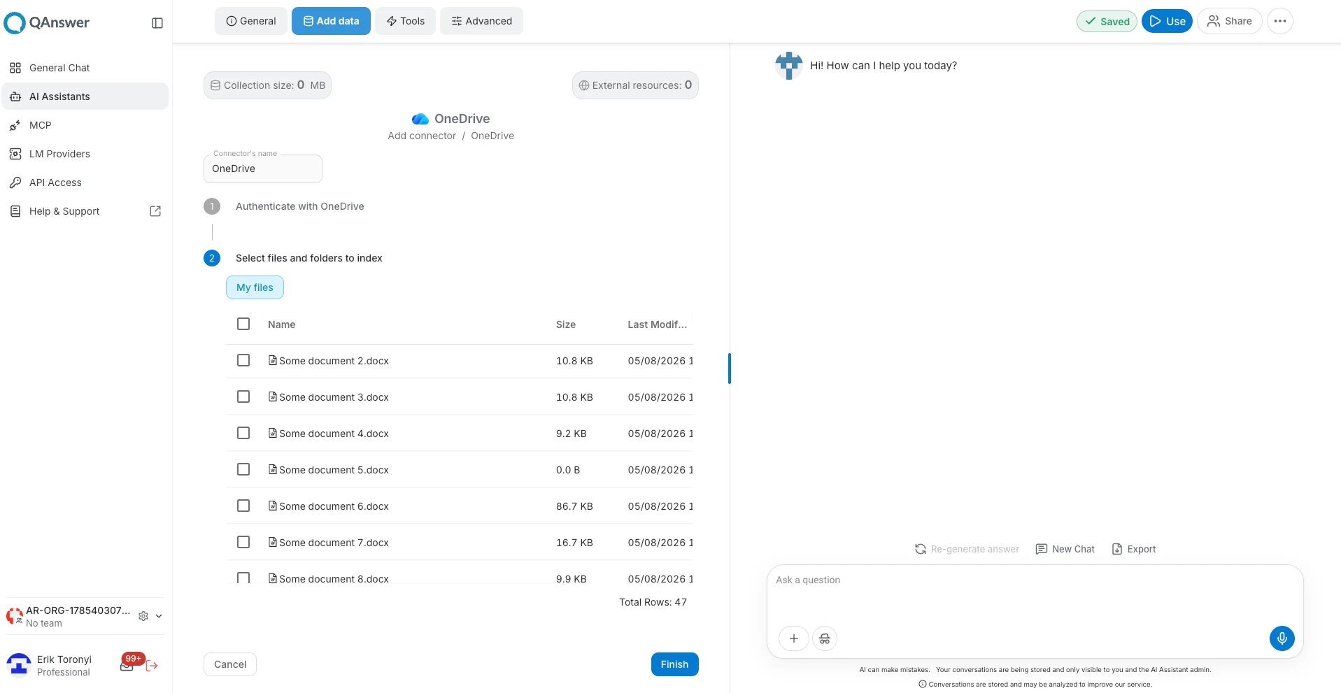 OneDrive contents listed in QAnswer