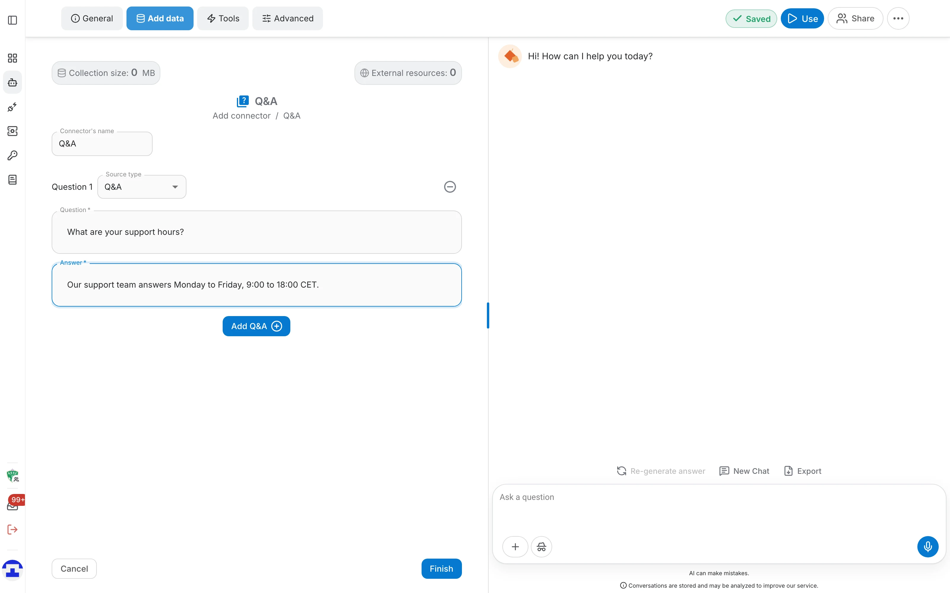Q&A connector form with a question and an answer