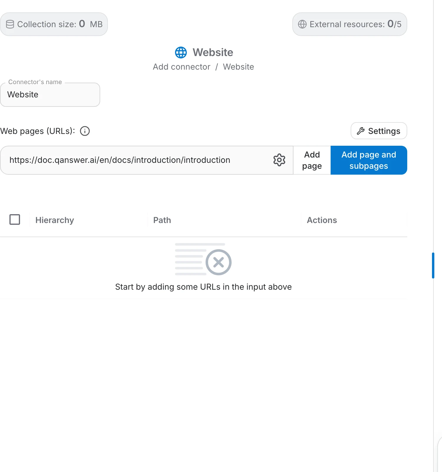 Website connector with a URL entered