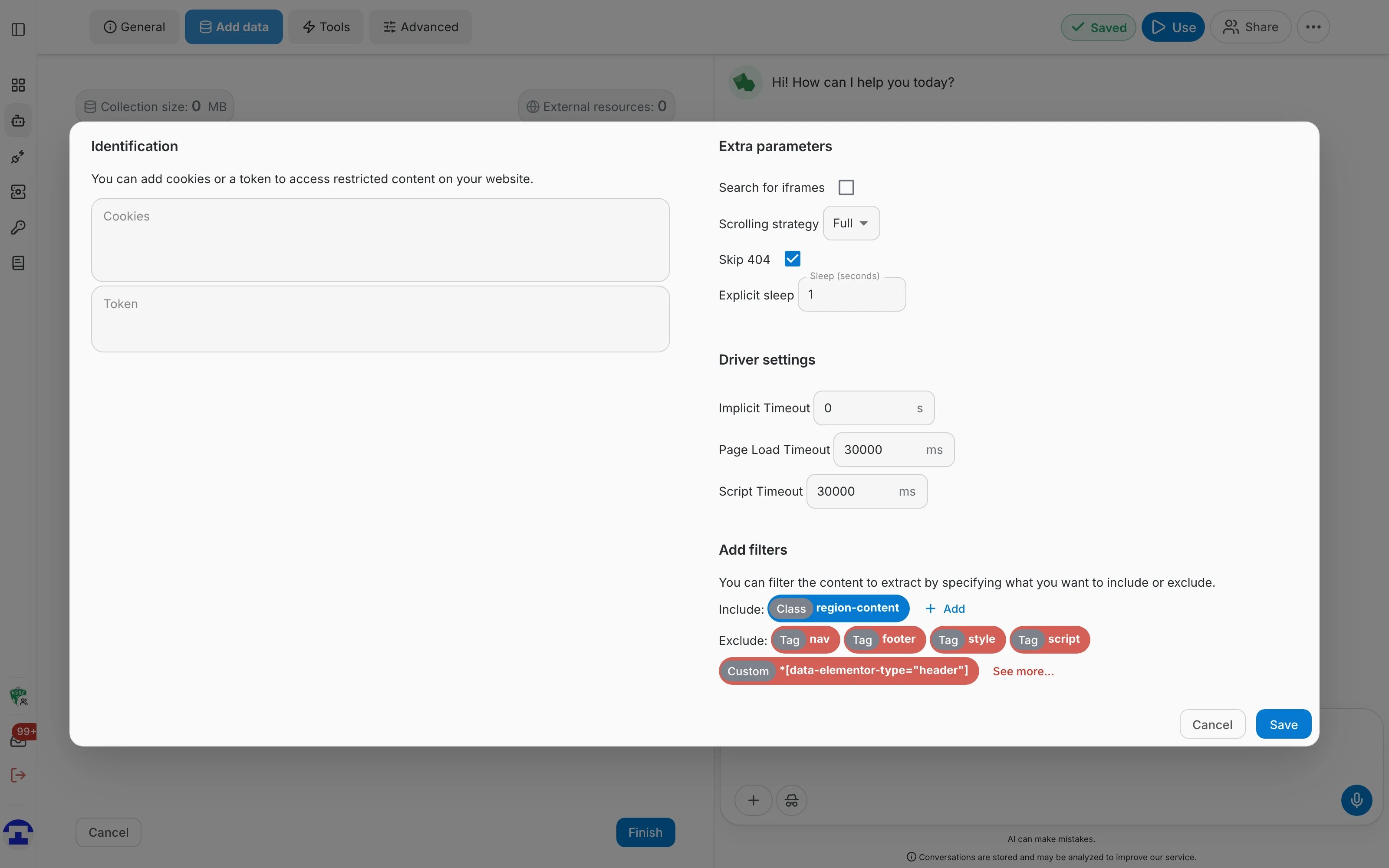 Website crawling settings