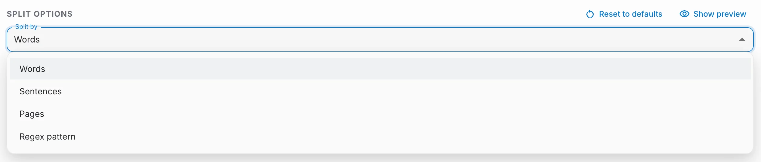 Auswahlliste Split by mit der Option Regex pattern