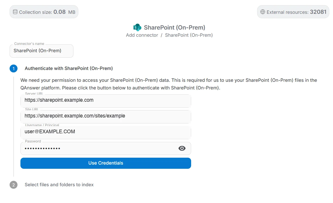 SharePoint (On-Prem) connector form with server URL, site URL, username and password fields