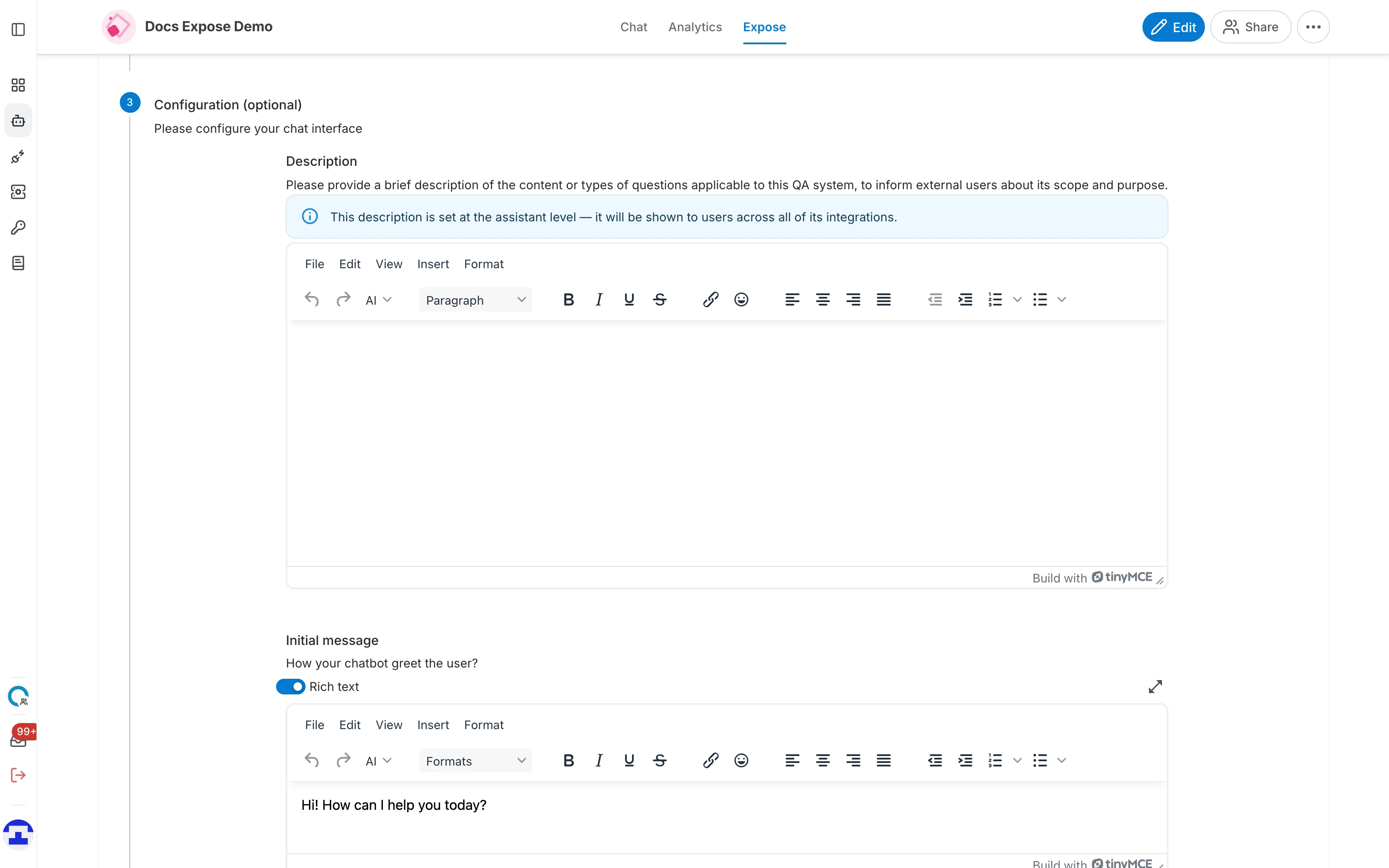 The Configuration step, with the Description editor and its assistant-level notice