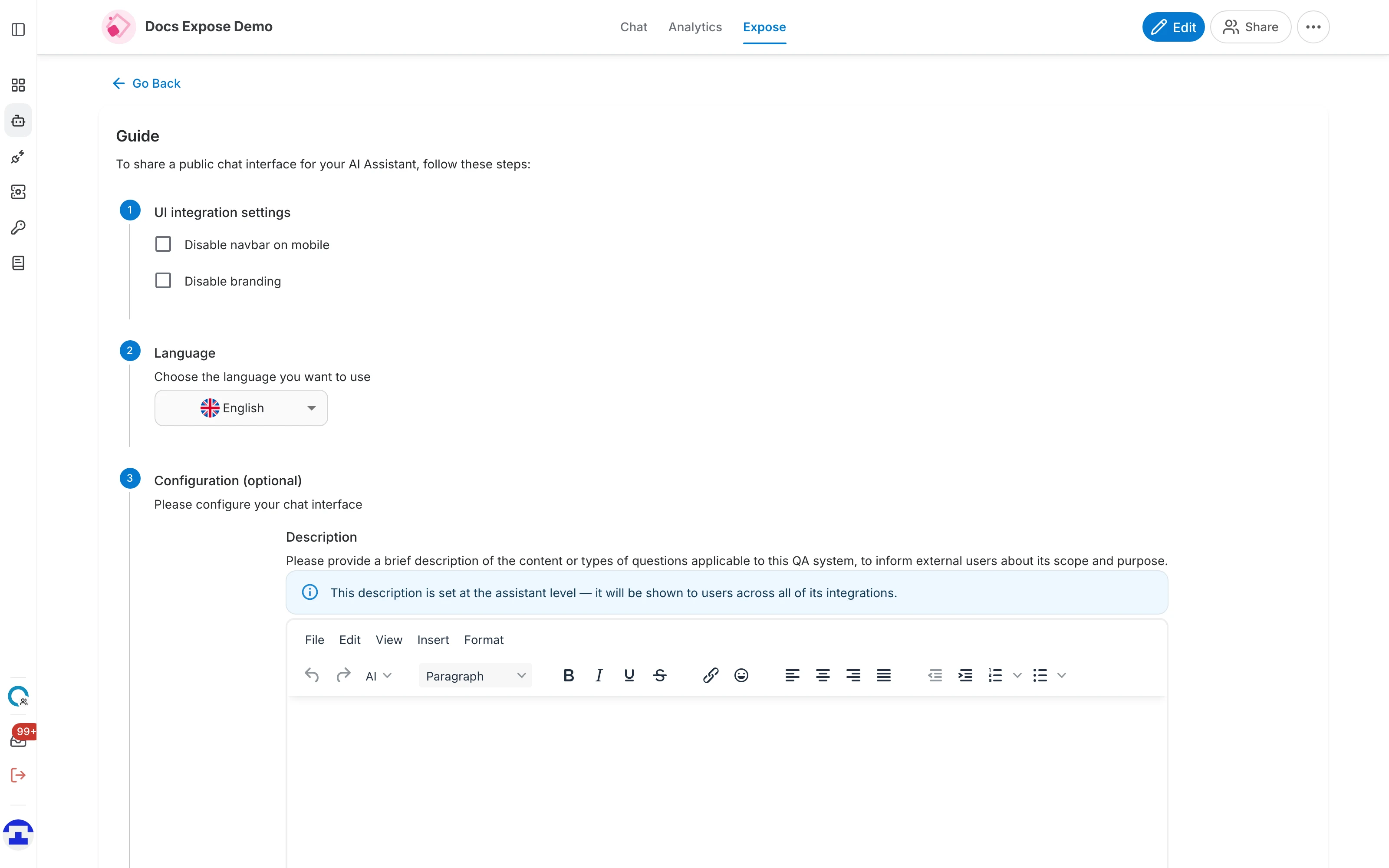 The chat interface guide, showing the UI integration settings and Language steps