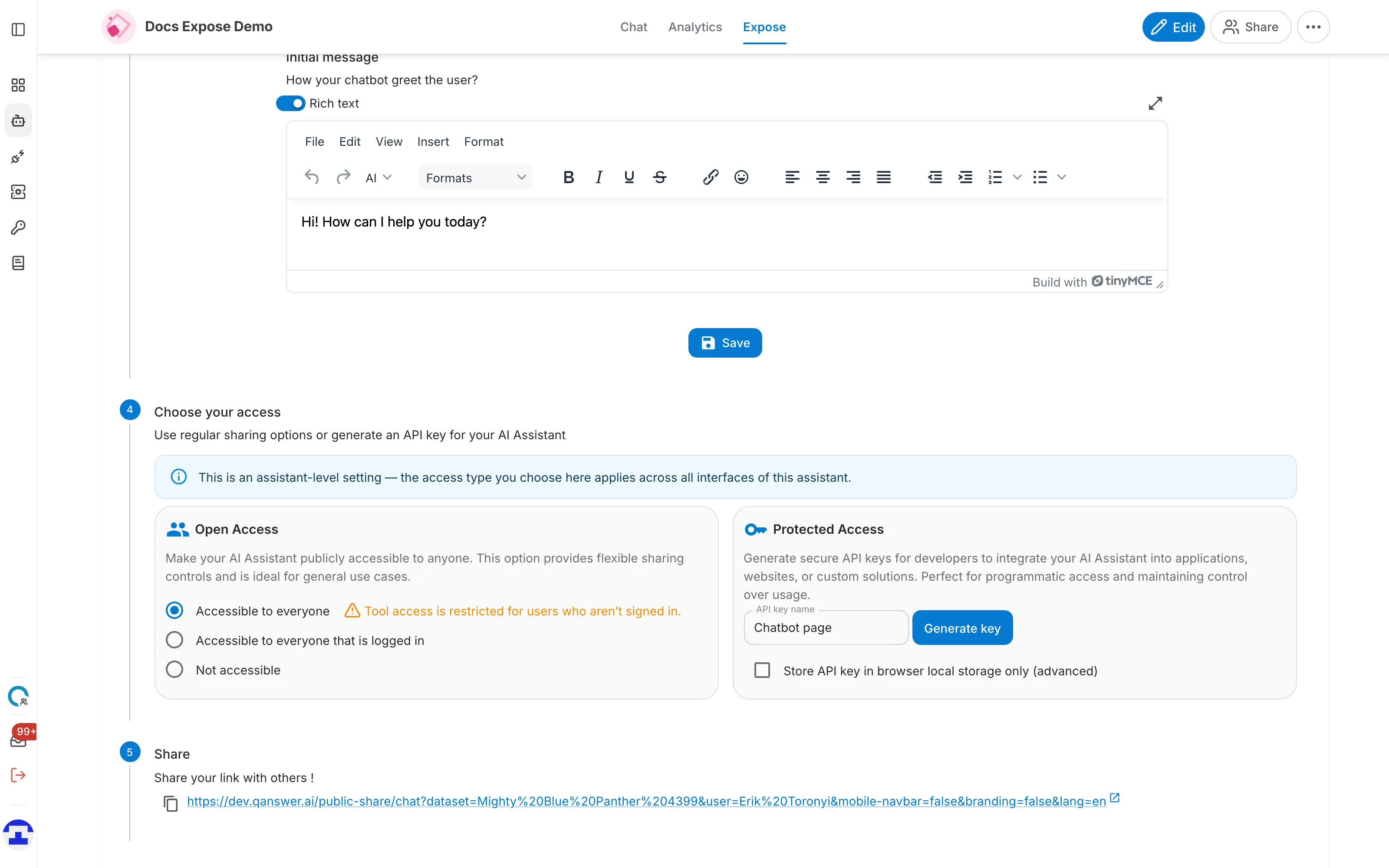 The Initial message field with the Rich text switch enabled