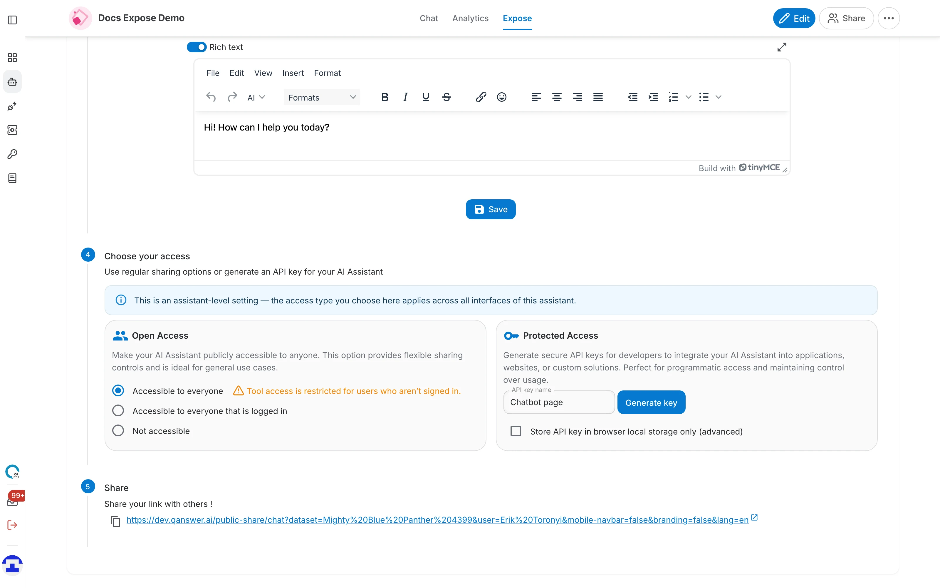The Share step showing the generated public chat link