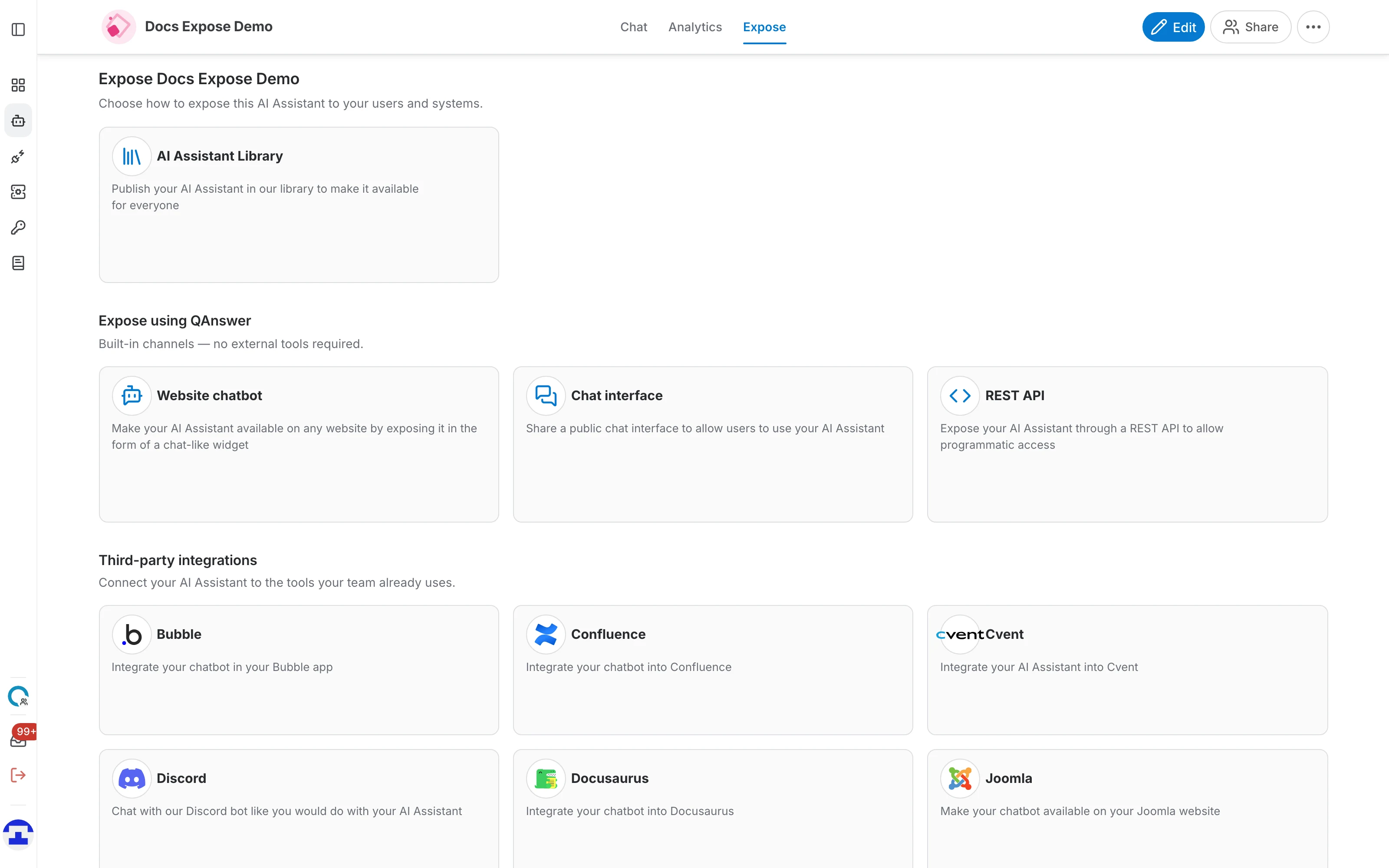 The Expose page showing the AI Assistant Library card and the built-in QAnswer channels