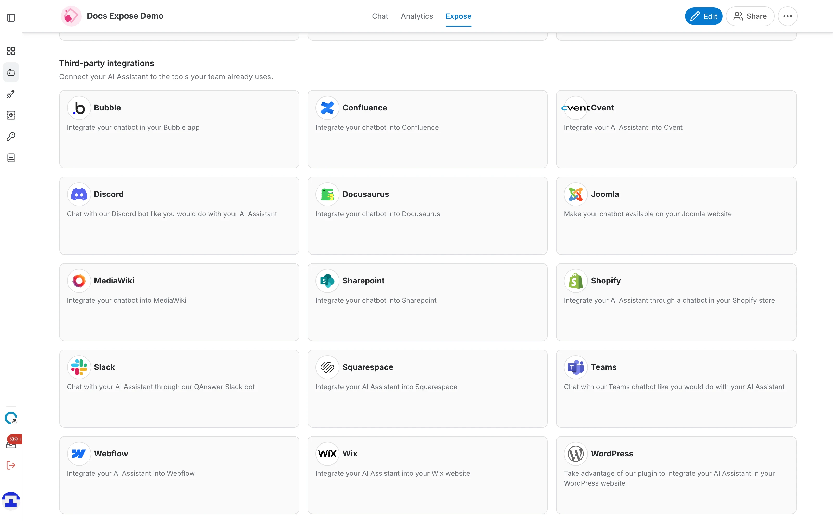 The Third-party integrations card grid on the Expose page