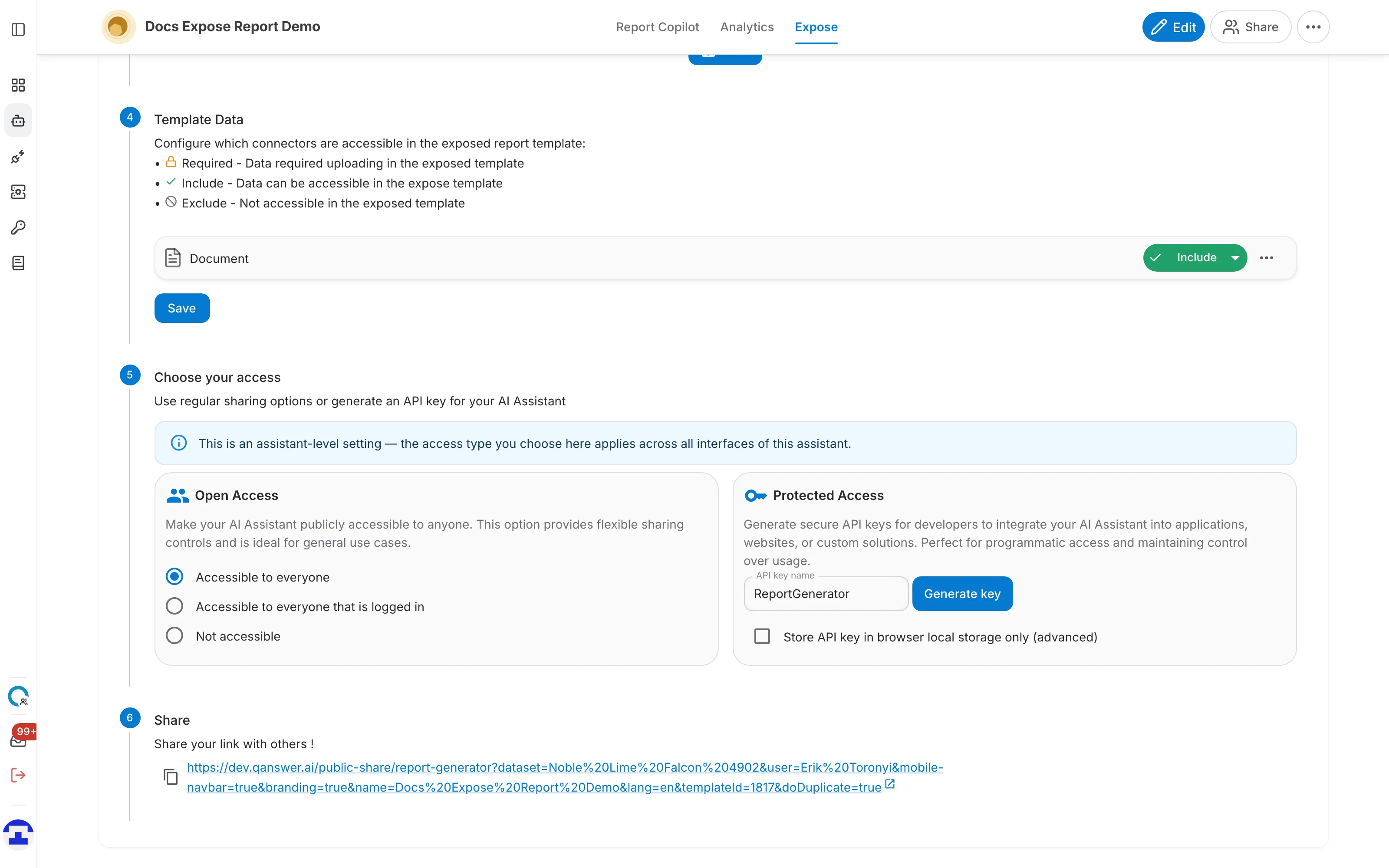 The Choose your access step of the report generator guide