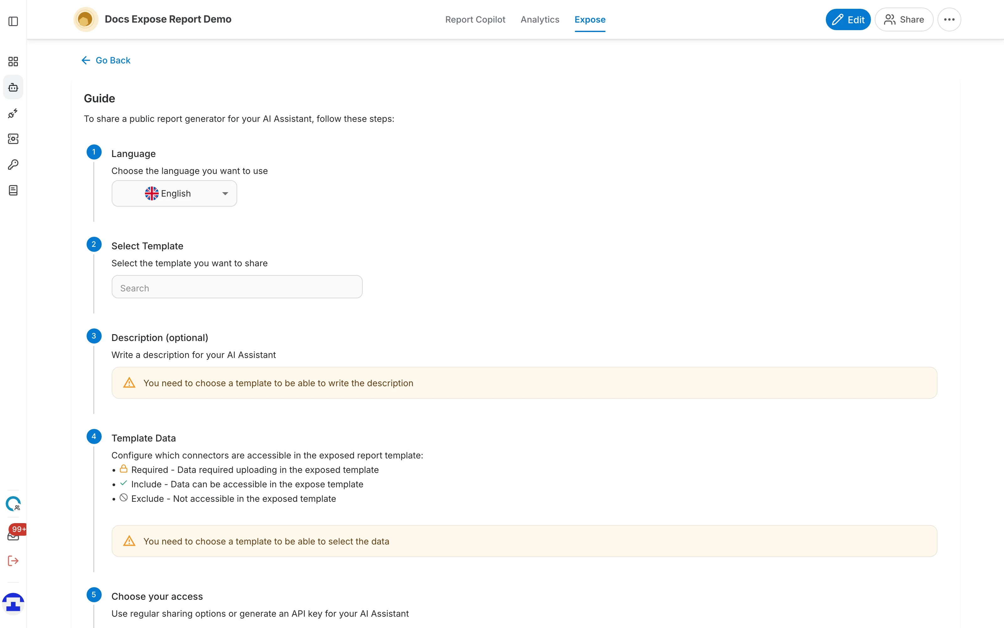 The report generator guide, showing the Language and Select Template steps