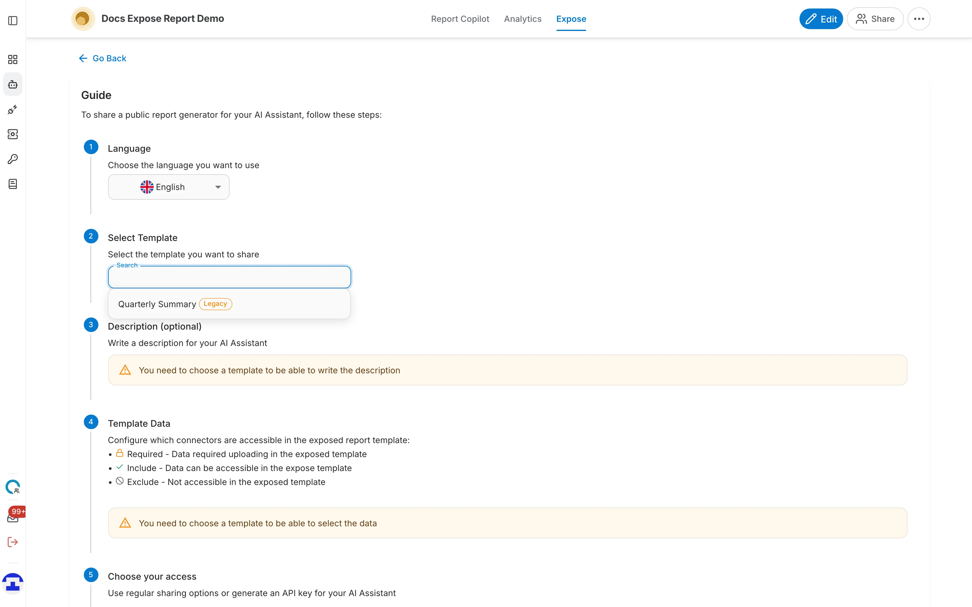 The Select Template list open, showing the saved templates for this assistant