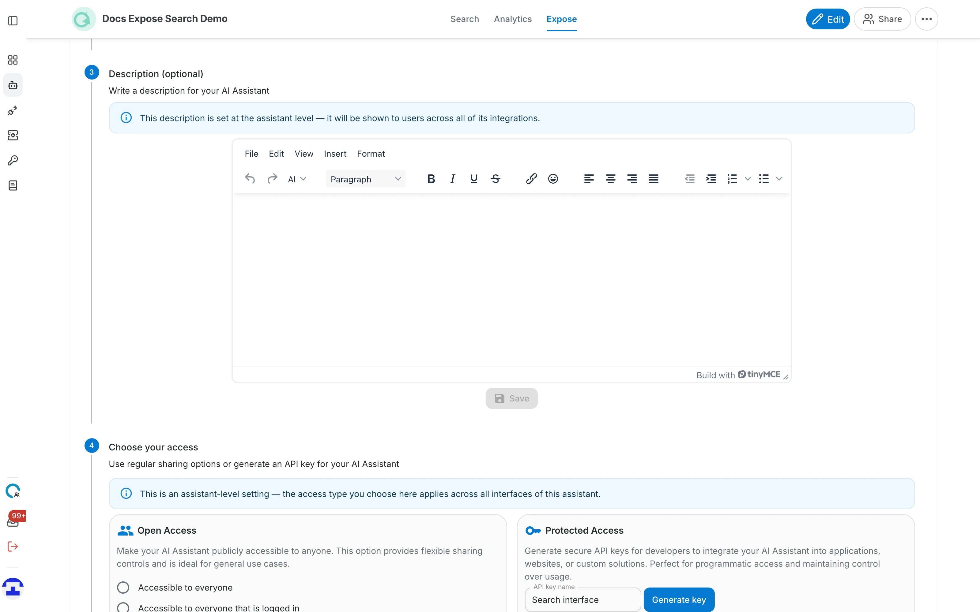 The Description step, with its assistant-level notice and the rich-text editor