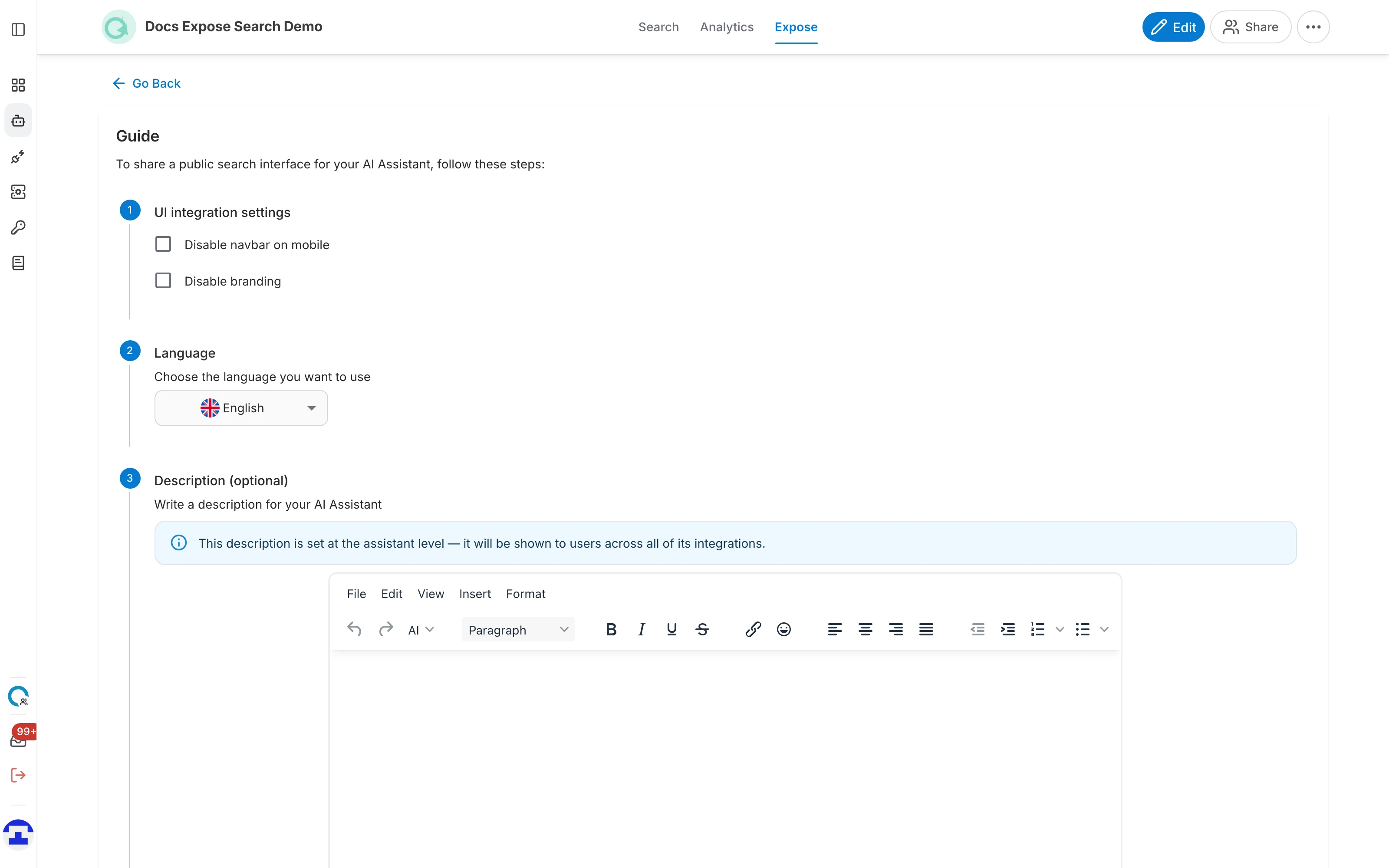 The search interface guide, showing the UI integration settings, Language and Description steps